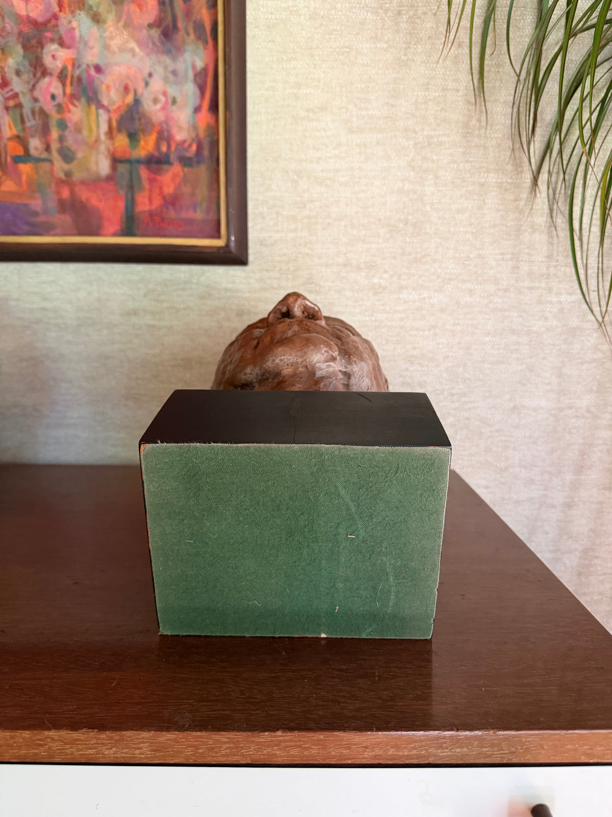 Vintage Handmade Painted Plaster Bust Head on Black Wood Block, signed MSG