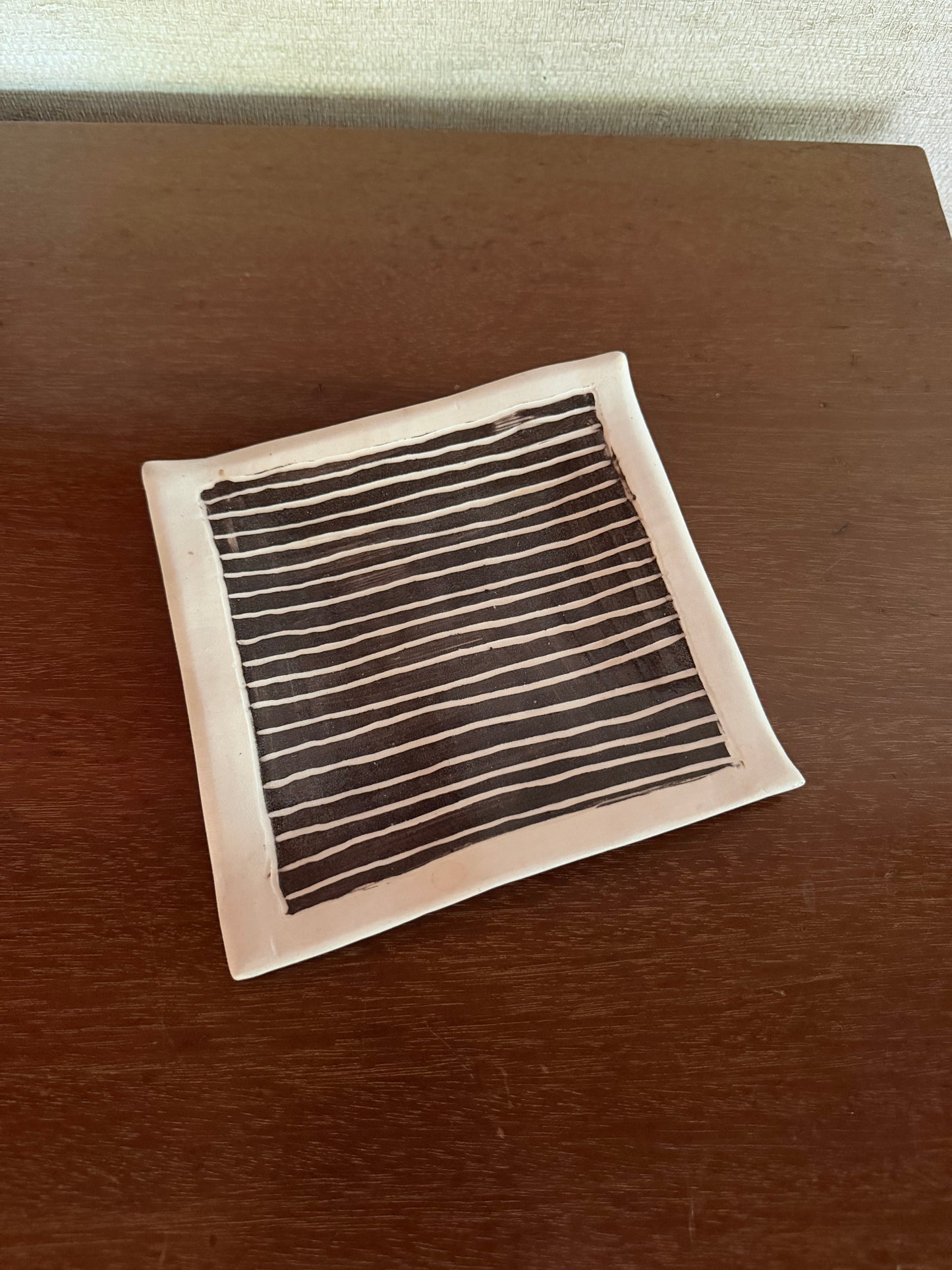 Vintage 1980’s Wavy Abstract White and Black lines Striped Ceramic Tray, signed Lyn