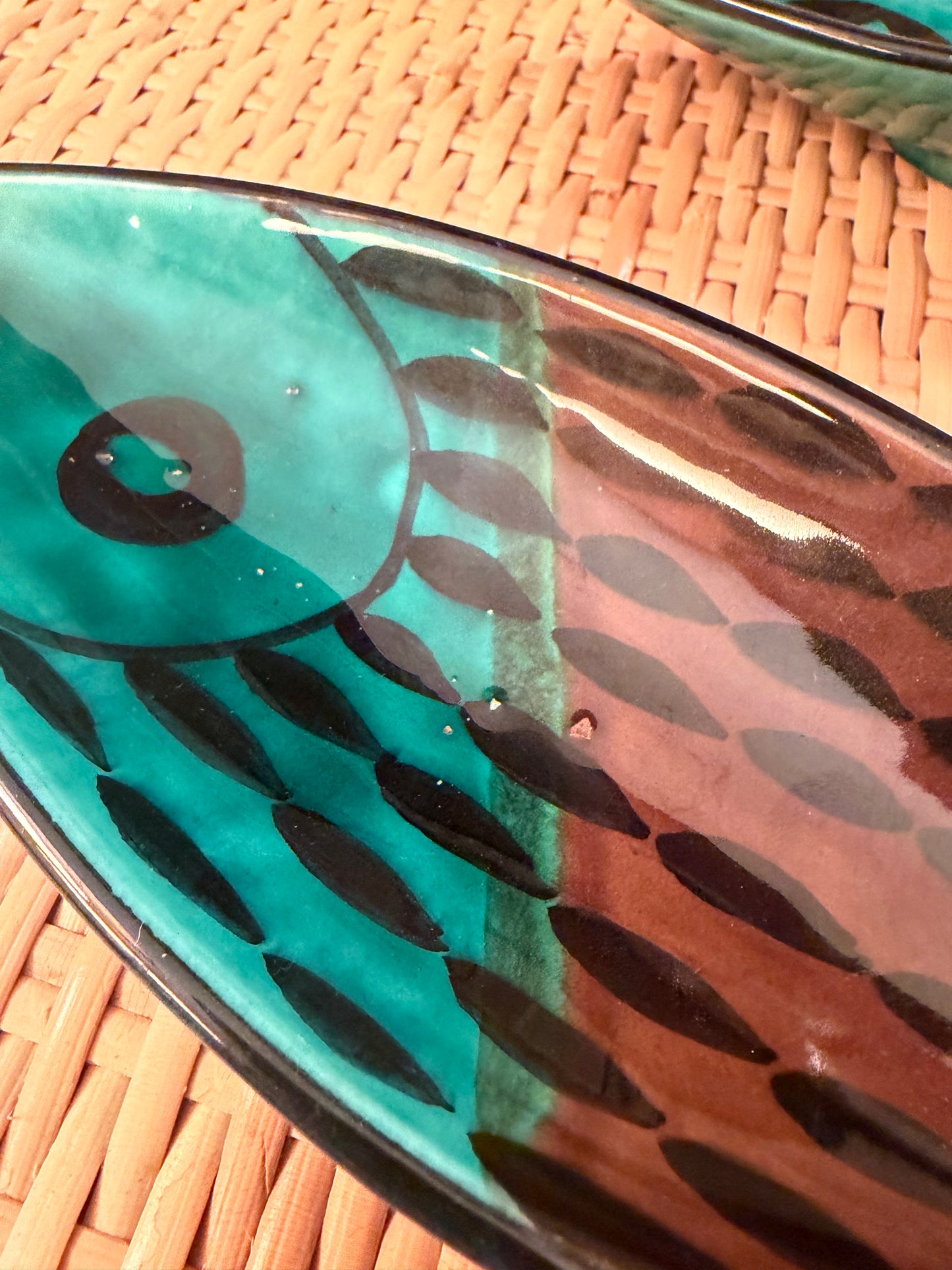 Vintage Pair of 2 Aldo Londi for Bitossi green and brown fish trays Goodfriend Imports, ca. 1950’s