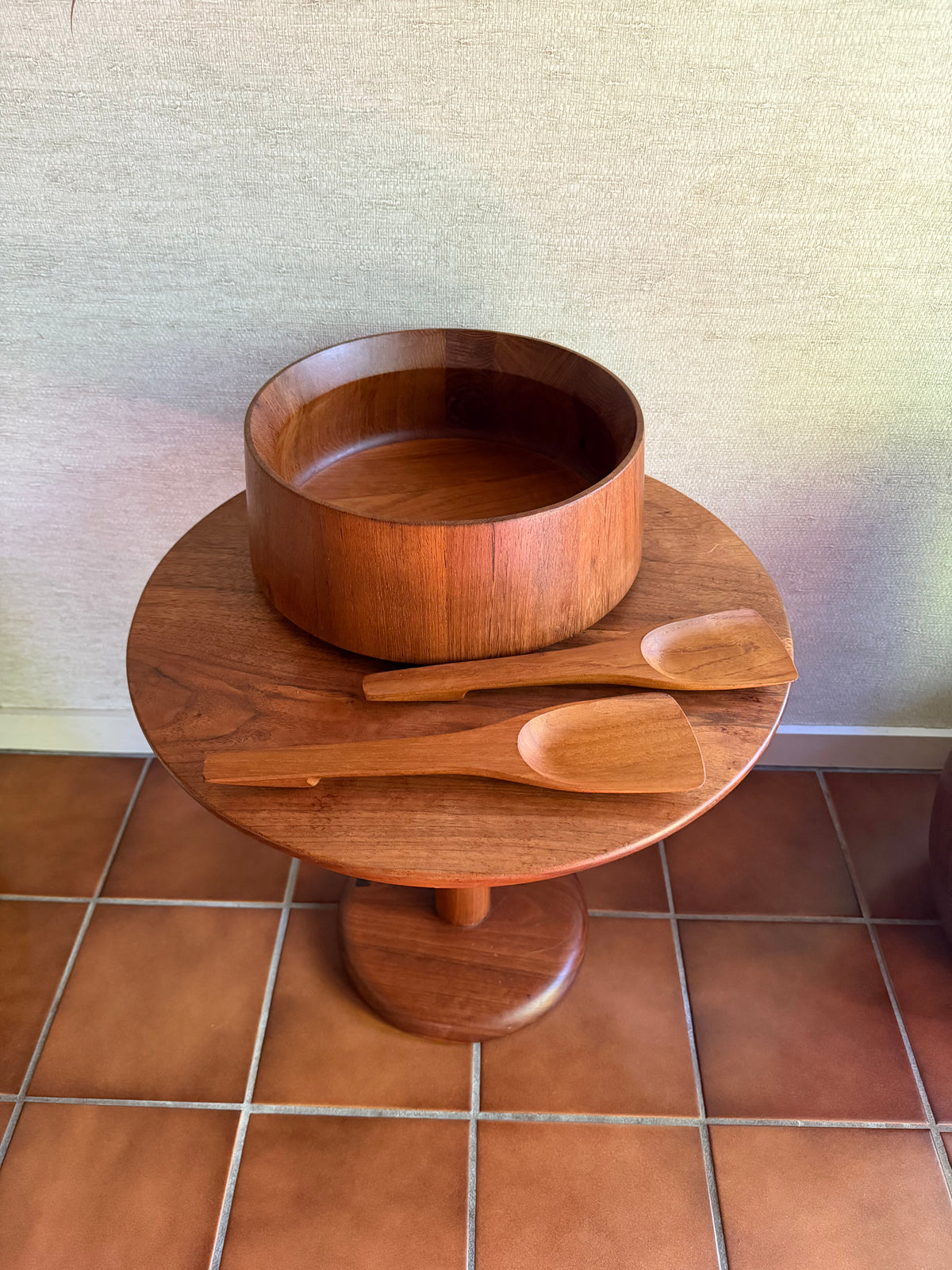 Danish Modern Vintage Large Staved Teak Bowl with Tongs by Jens Quistgaard for Dansk, Made in Denmark, ca. 1970's