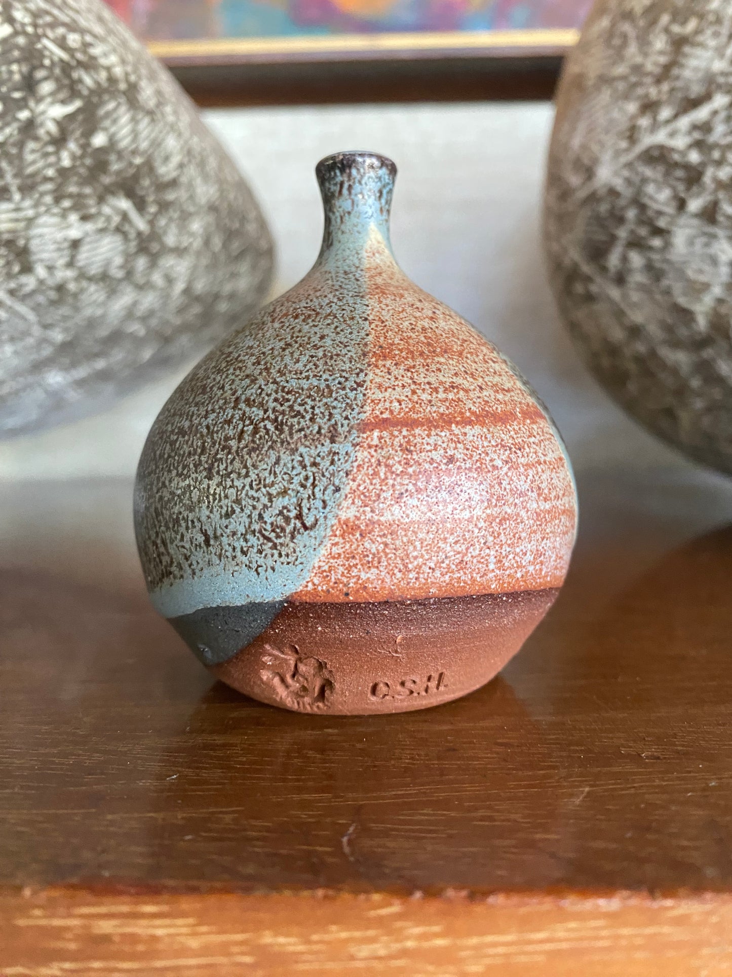 Gorgeous Blue and Red Glazed Handmade Studio Pottery Bud Vase, signed CSH