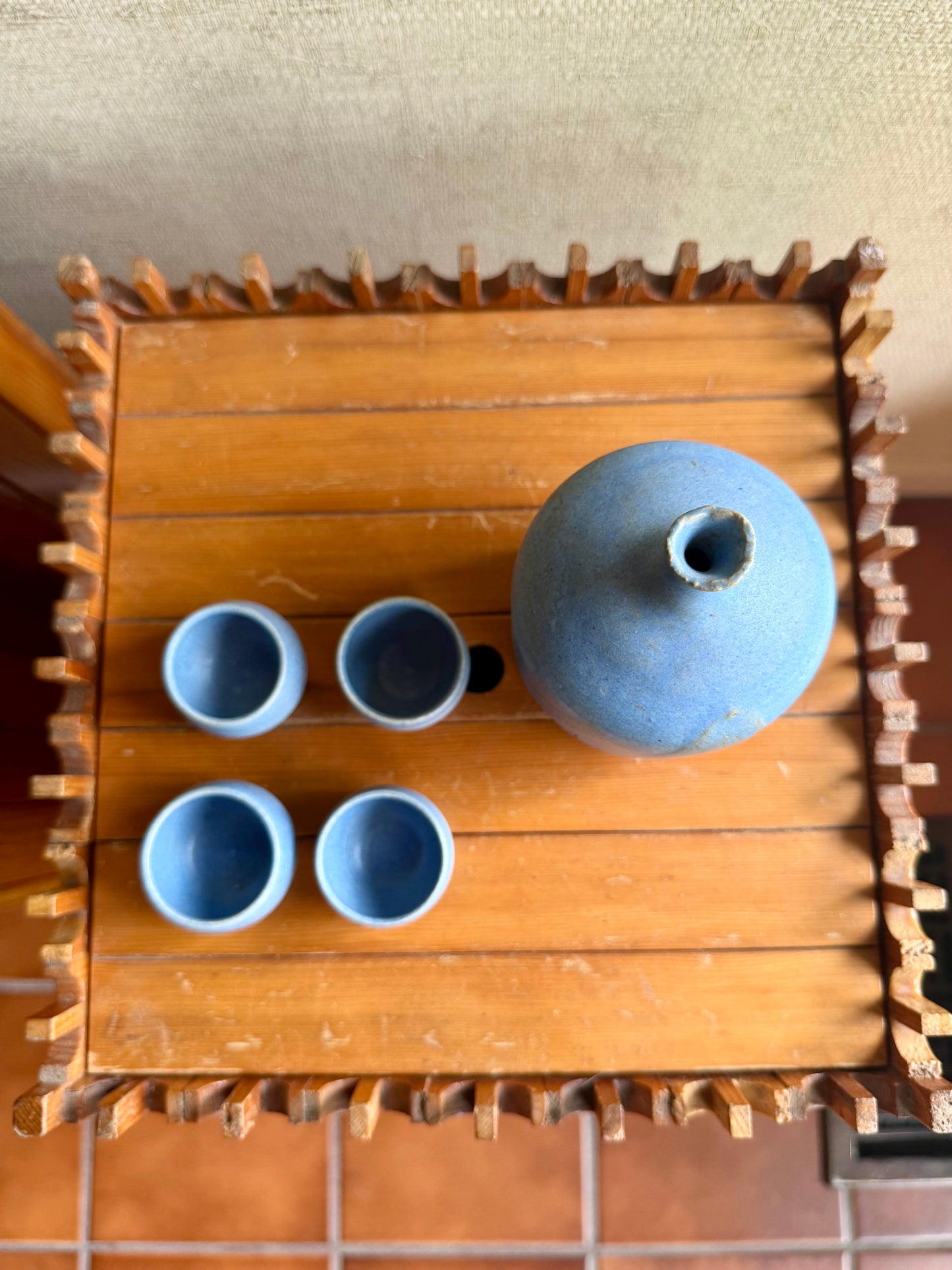 Vintage Handmade One-of-a-Kind Blue Ceramic Pottery Vase and Cups Set, signed AAU, 1974