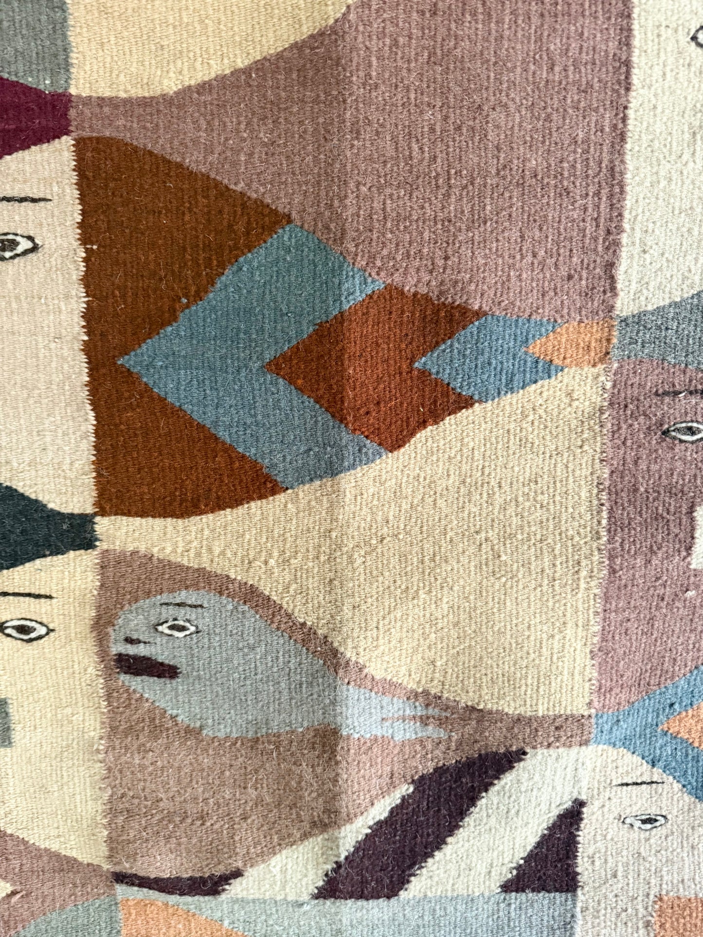 1960's Handmade Geometric Wool Fish Hanging Tapestry // Area Rug