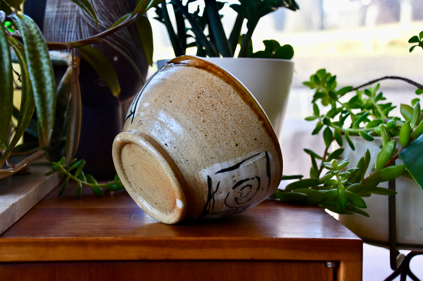 Ceramic mug with a textured surface on a wooden surface surrounded by plants