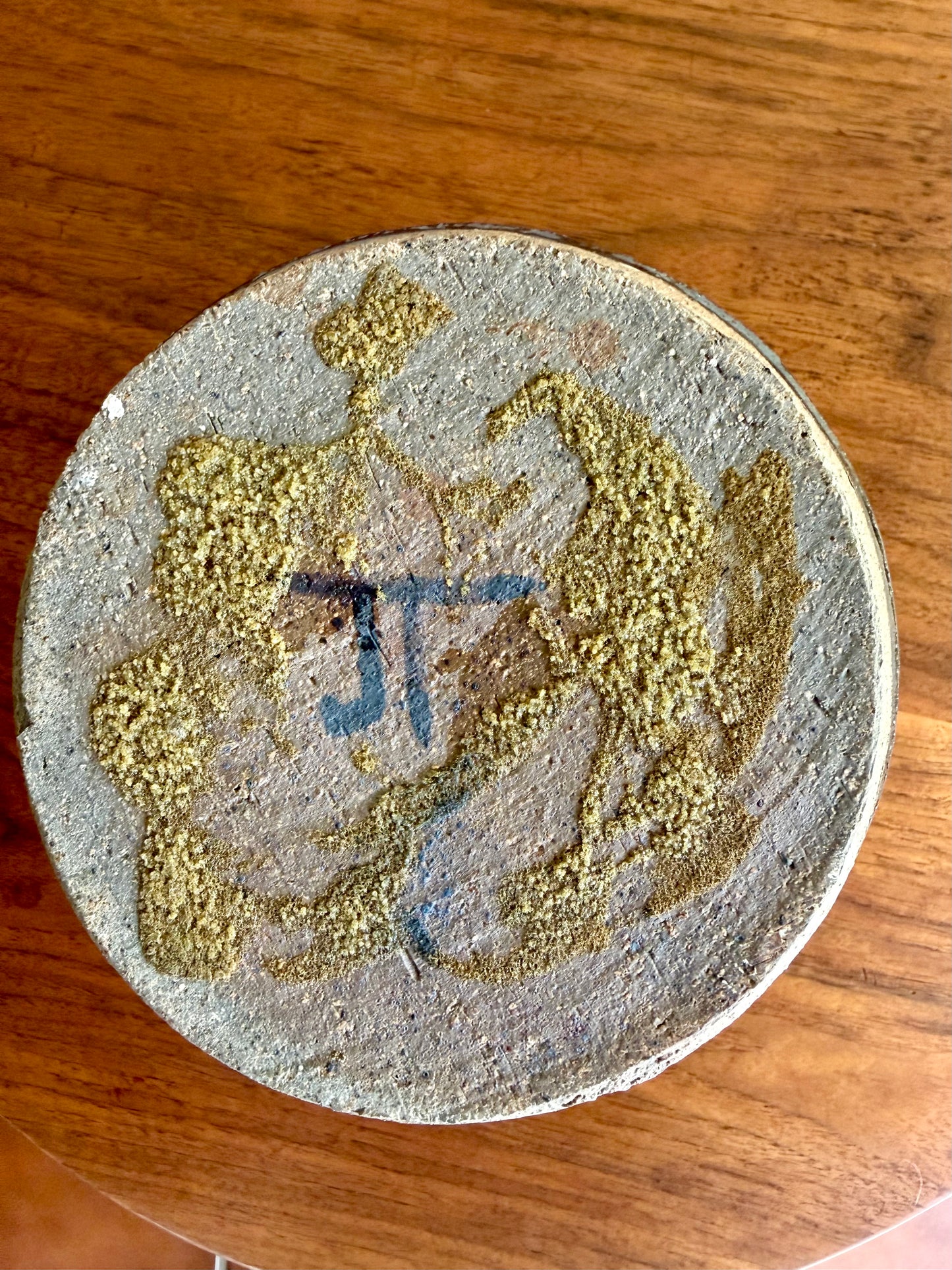 Bottom of Stoneware pottery vase with JT signature