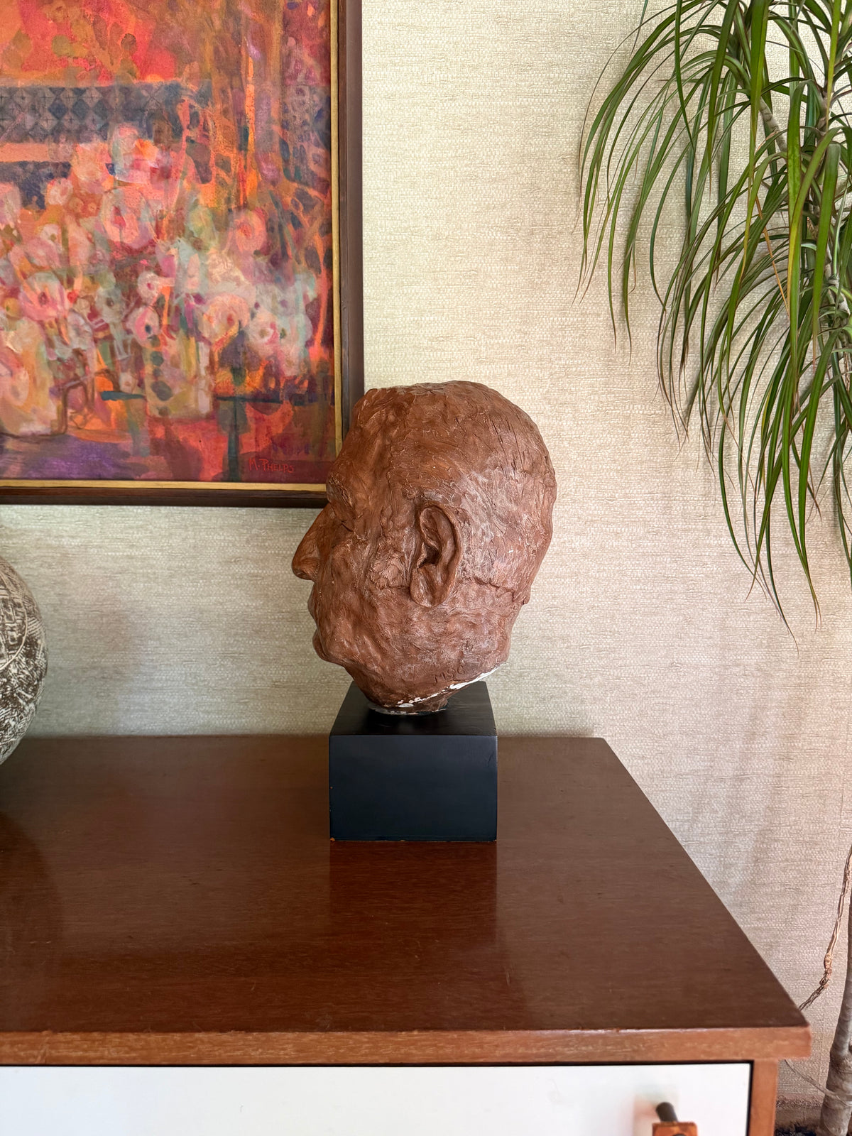 Vintage Handmade Painted Plaster Bust Head on Black Wood Block, signed MSG