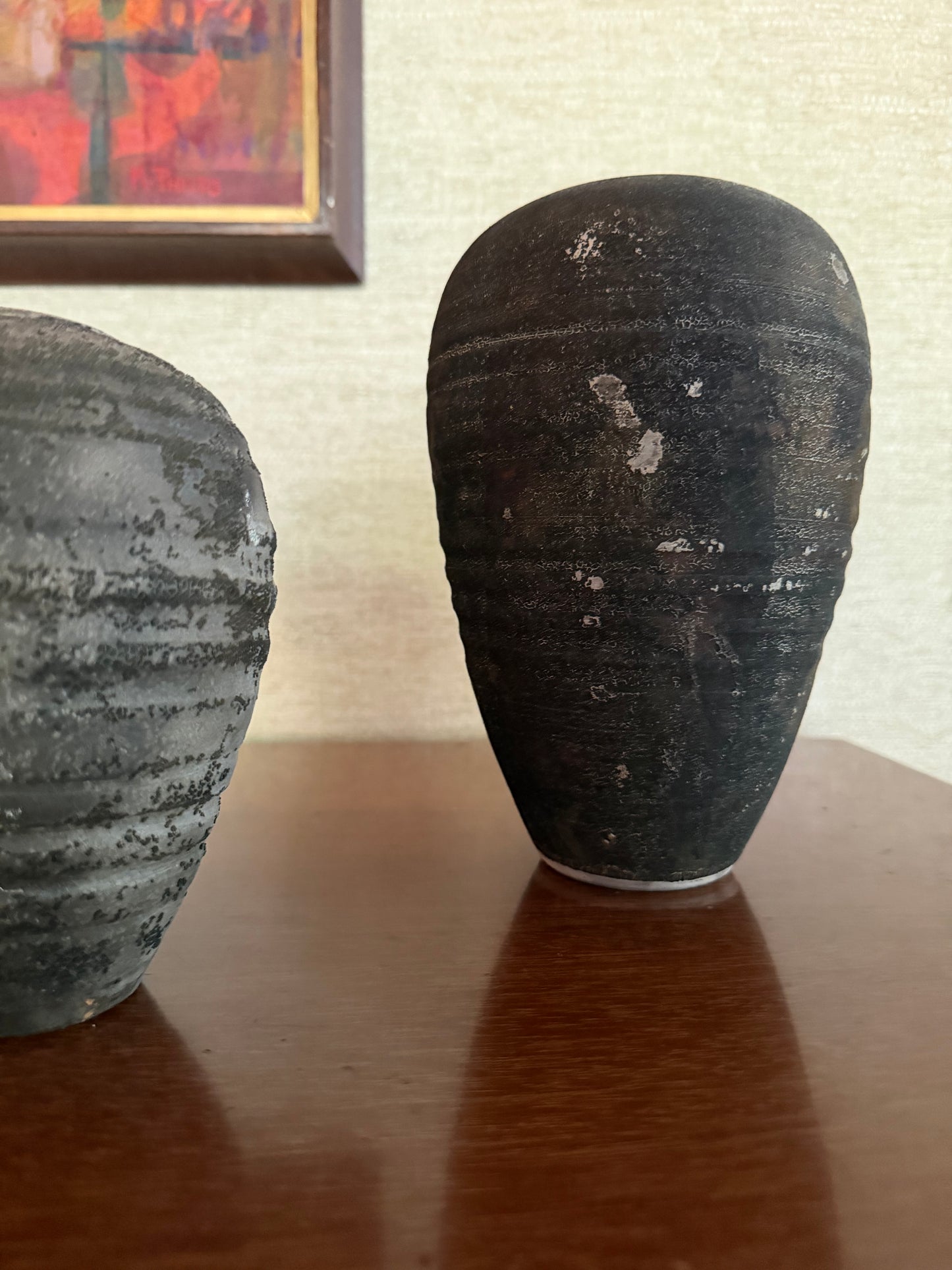 Vintage 1980’s Set of 2 Raku fired Ceramic Pottery Bud Vases, signed Bock