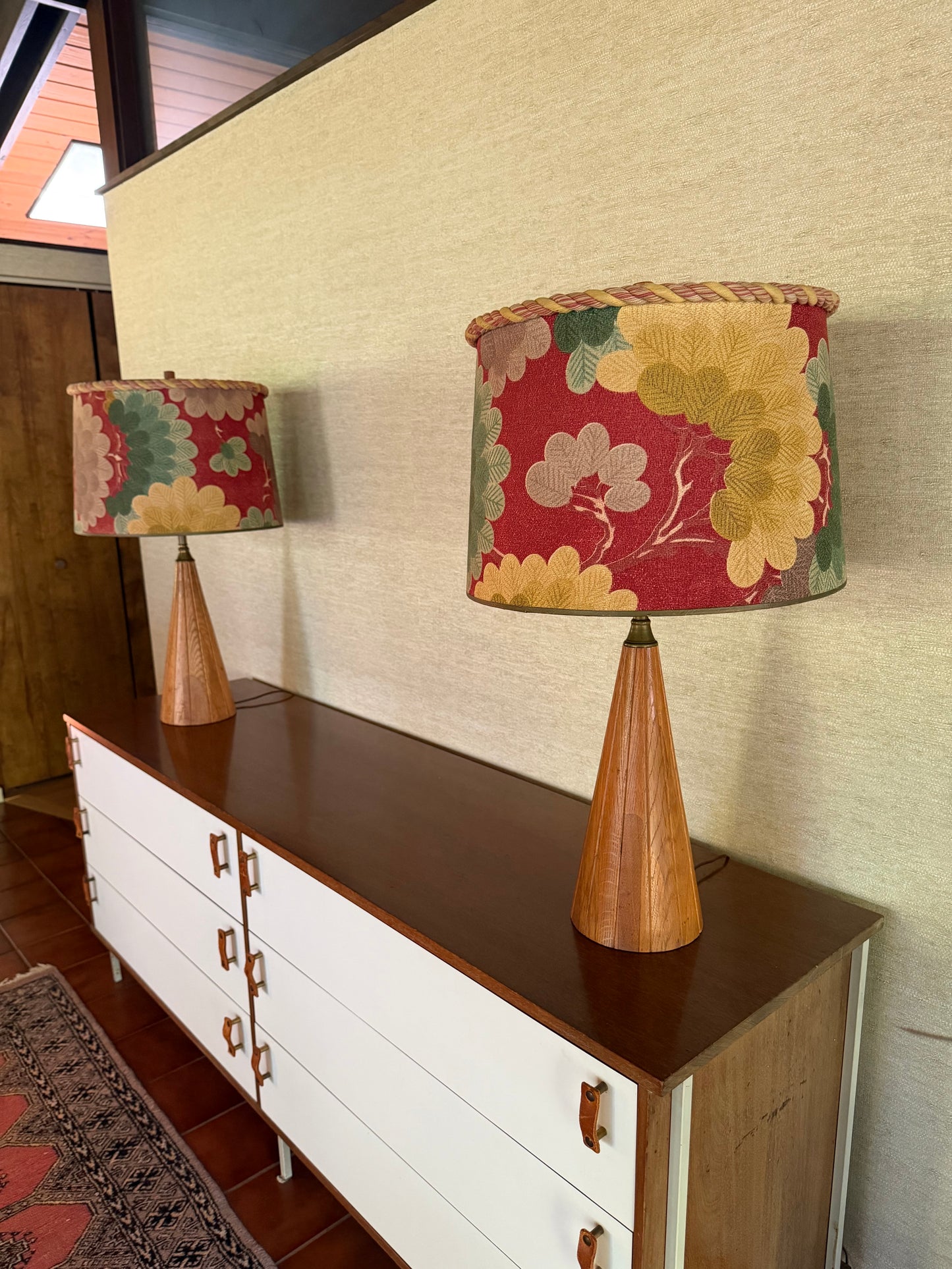 1960’s Pair of Handmade Wood Lamps with Floral Fabric Shades Rope Edge