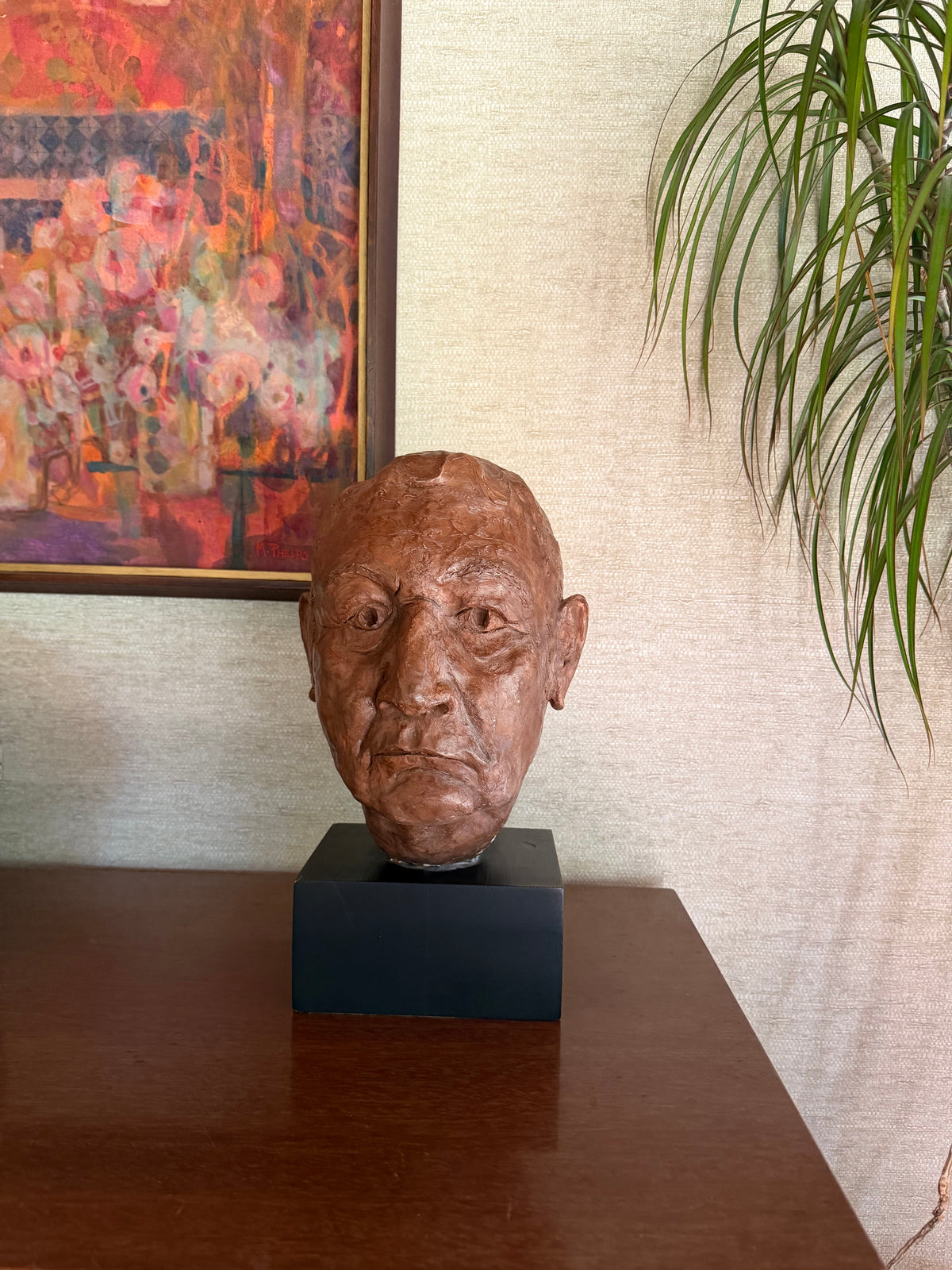 Vintage Handmade Painted Plaster Bust Head on Black Wood Block, signed MSG