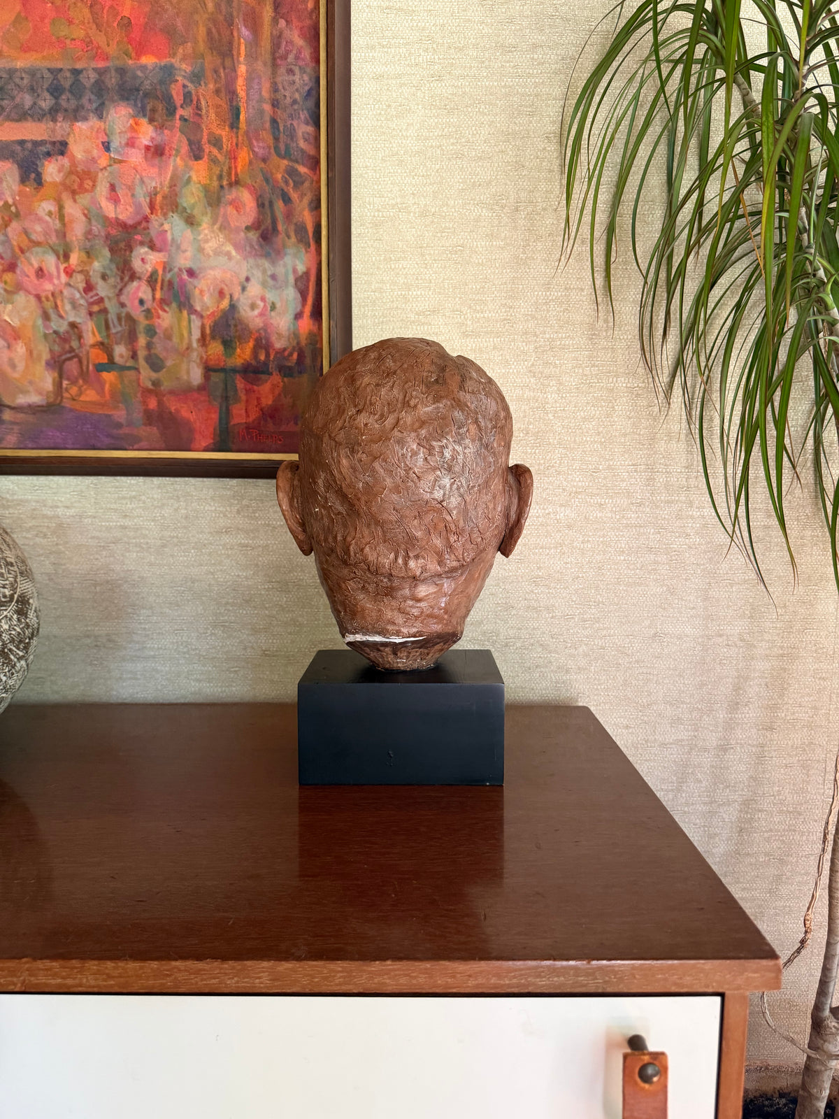 Vintage Handmade Painted Plaster Bust Head on Black Wood Block, signed MSG