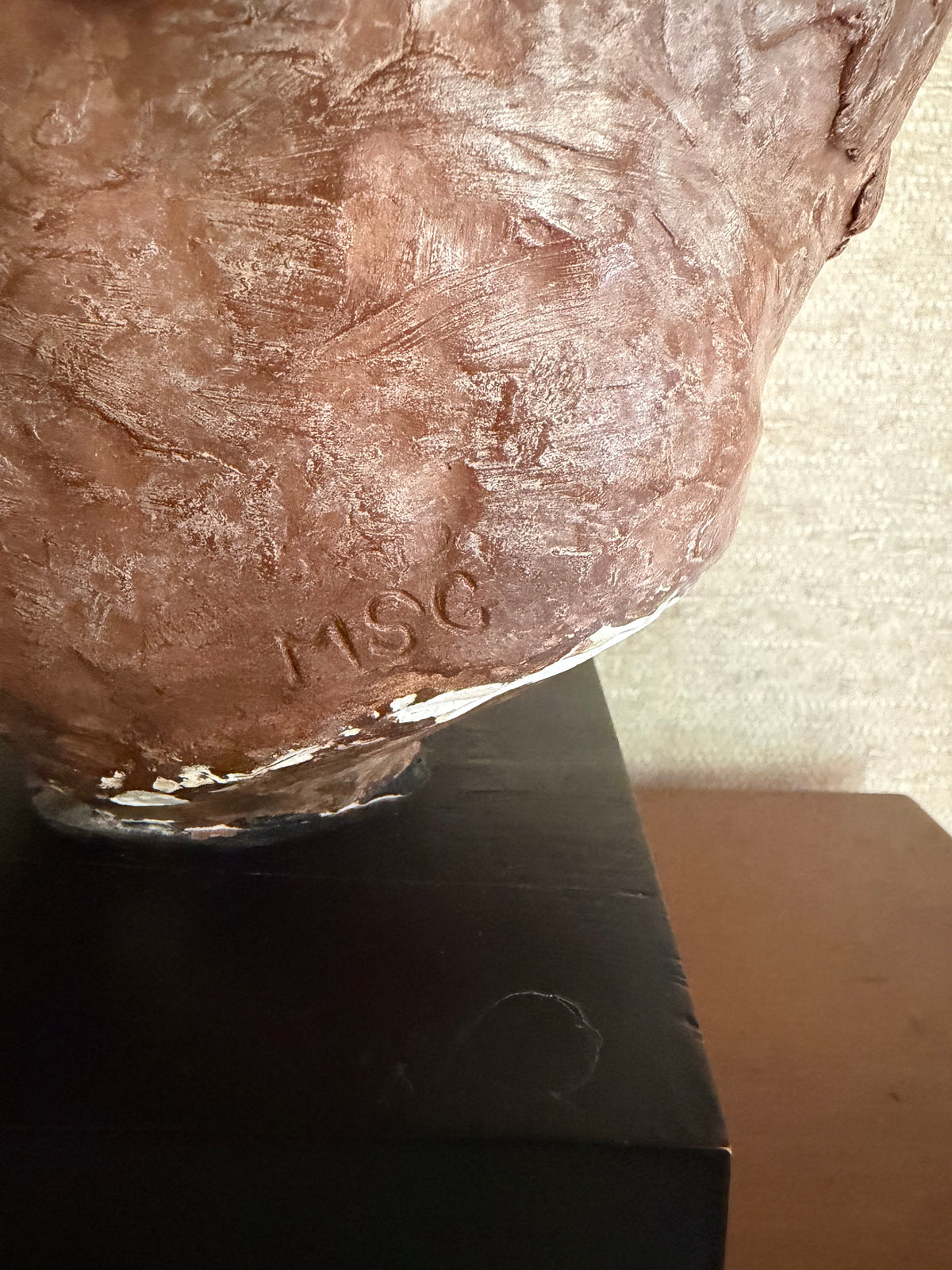 Vintage Handmade Painted Plaster Bust Head on Black Wood Block, signed MSG