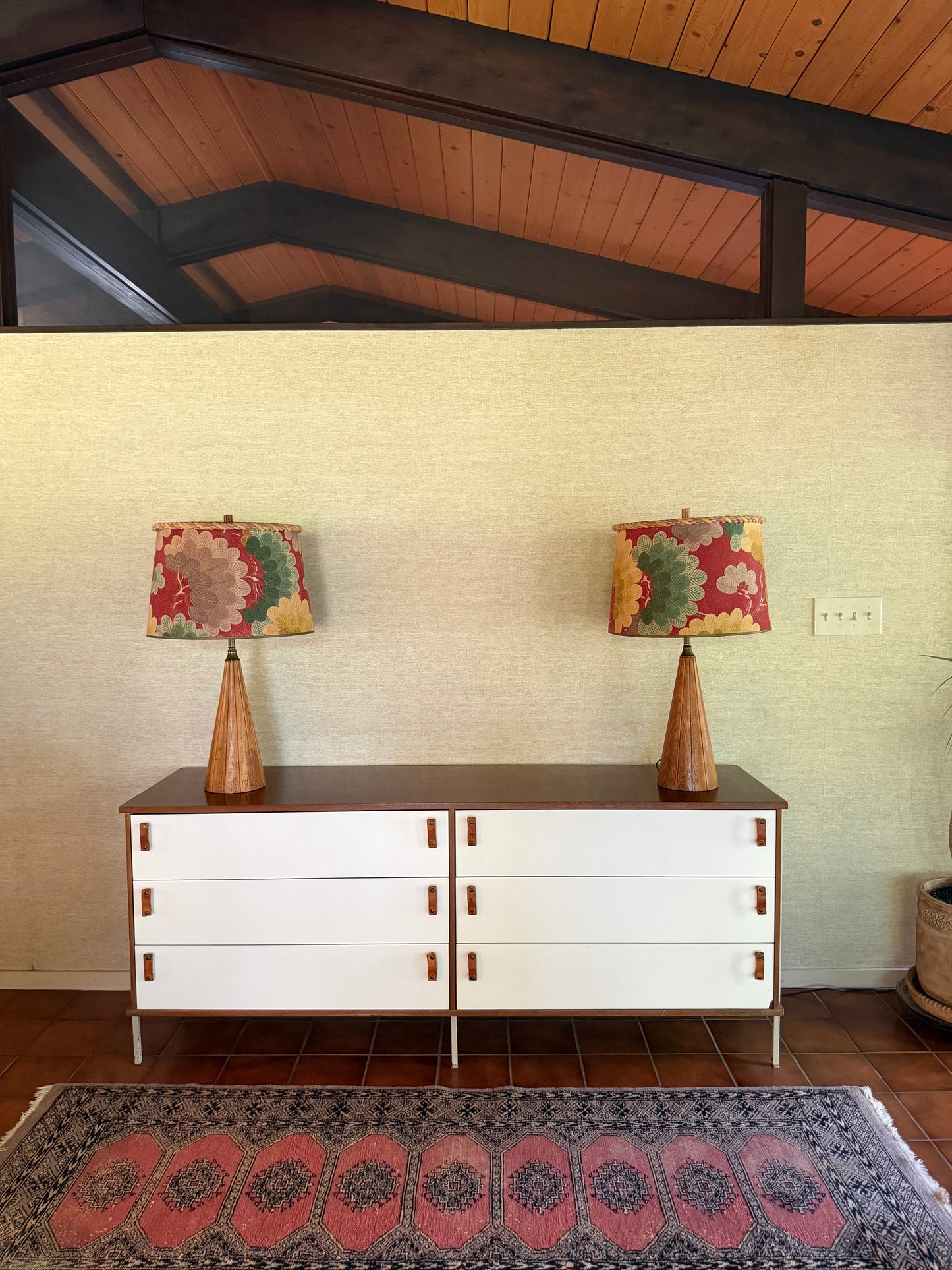 1960’s Pair of Handmade Wood Lamps with Floral Fabric Shades Rope Edge