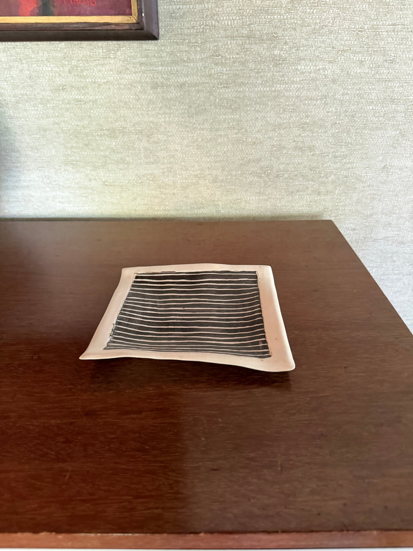 Vintage 1980’s Wavy Abstract White and Black lines Striped Ceramic Tray, signed Lyn