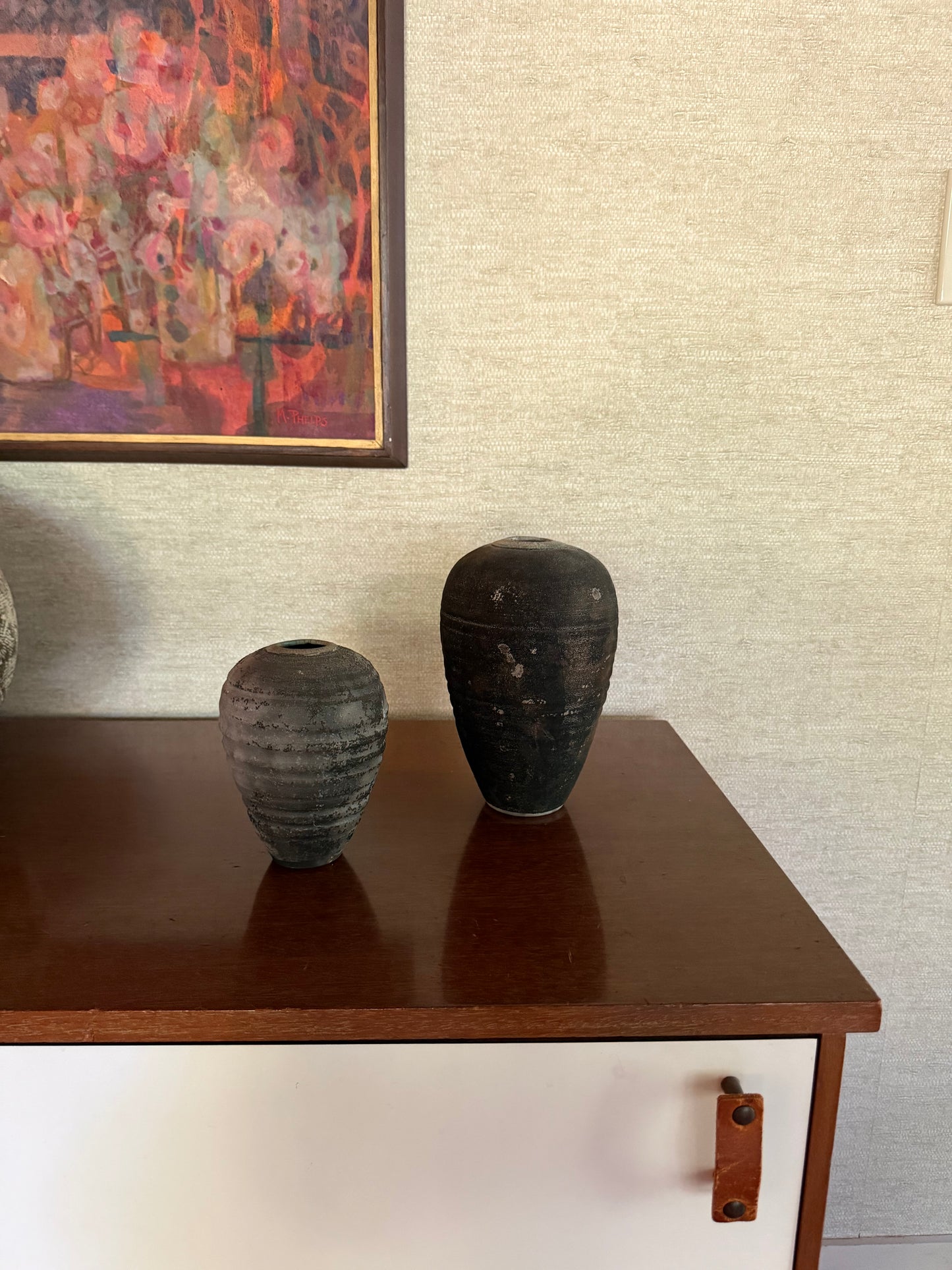 Vintage 1980’s Set of 2 Raku fired Ceramic Pottery Bud Vases, signed Bock