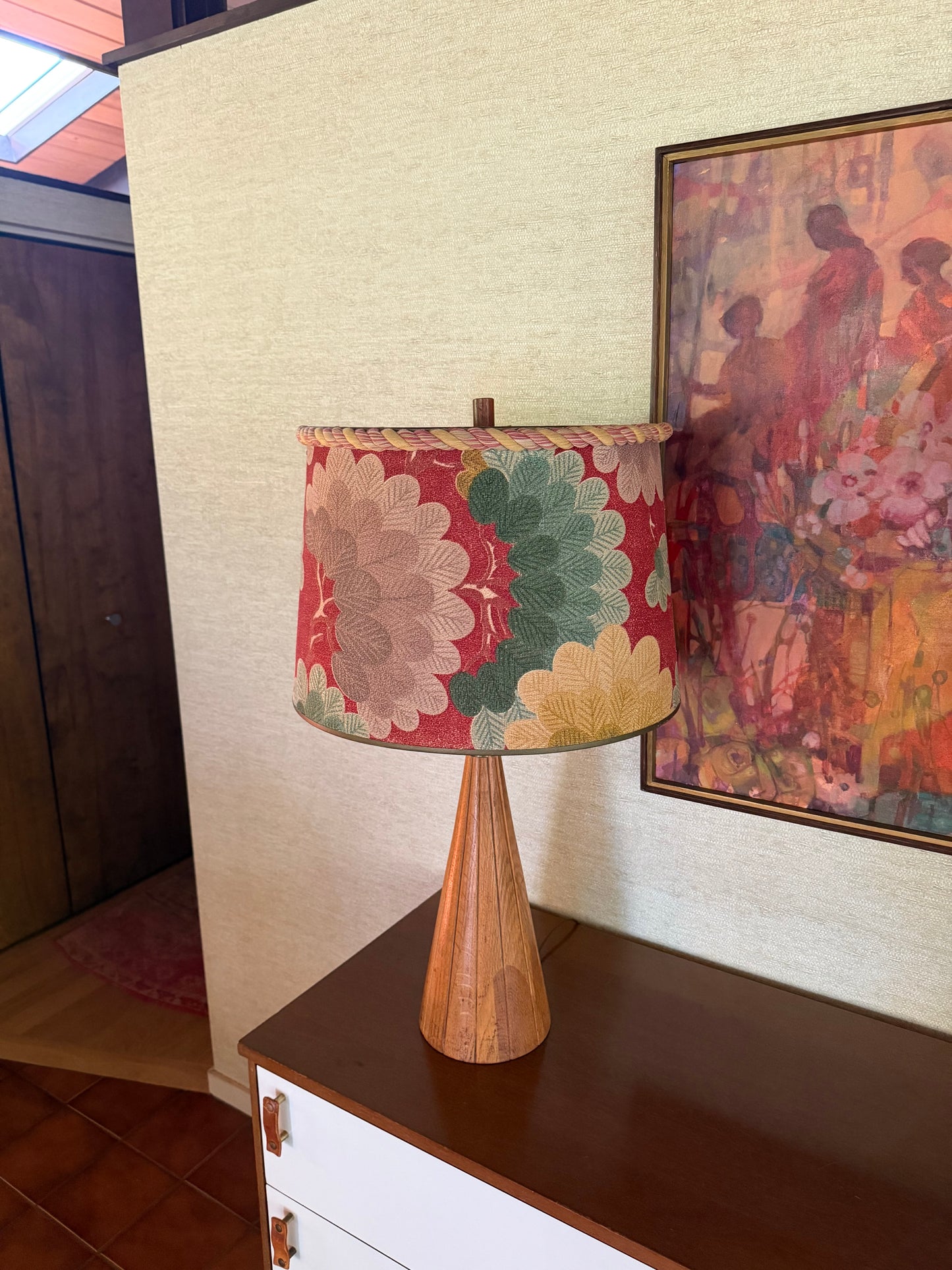 1960’s Pair of Handmade Wood Lamps with Floral Fabric Shades Rope Edge