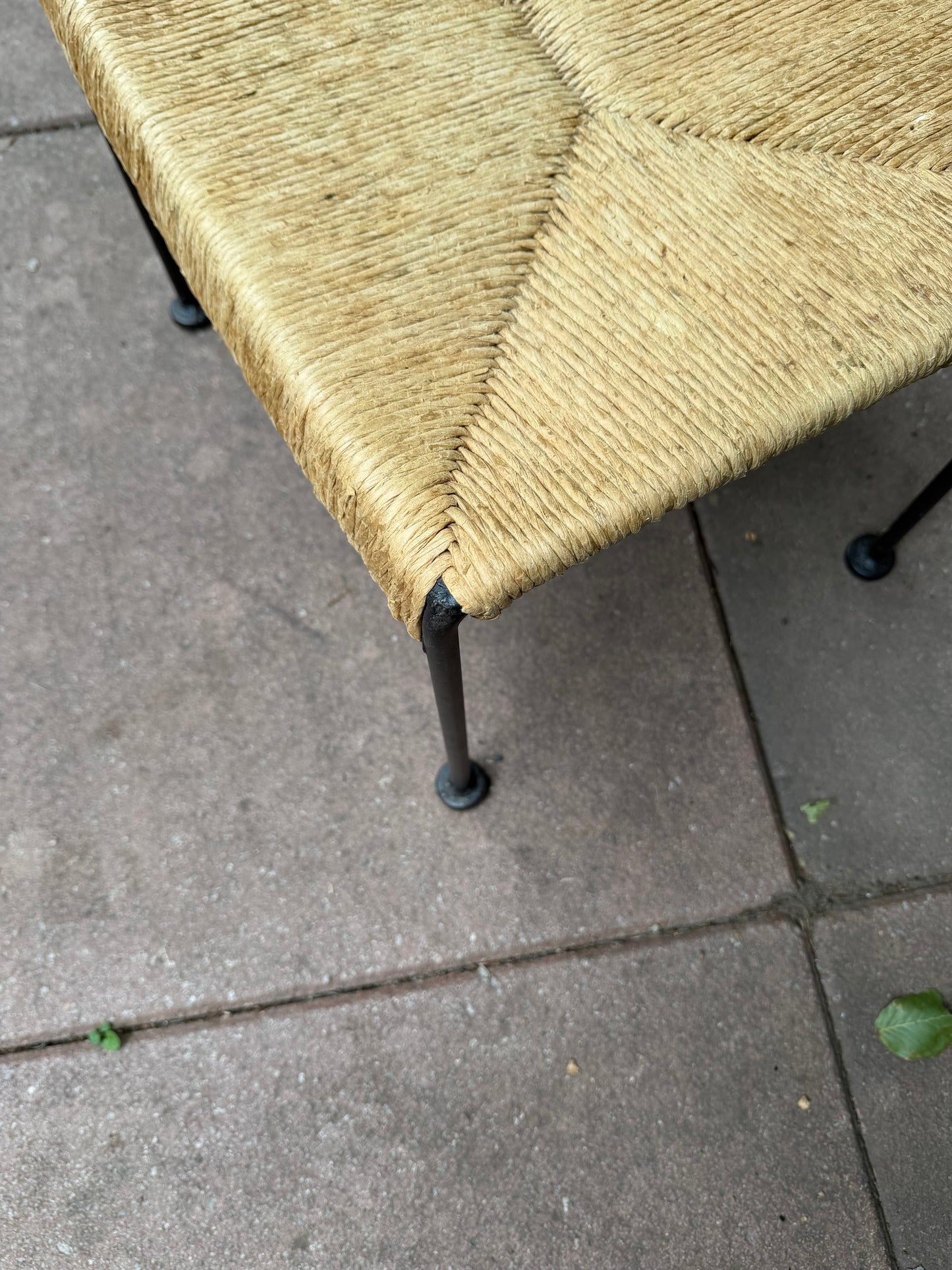 1950’s Arthur Umanoff Midcentury Modern Iron + Rush Cane ottoman Stool
