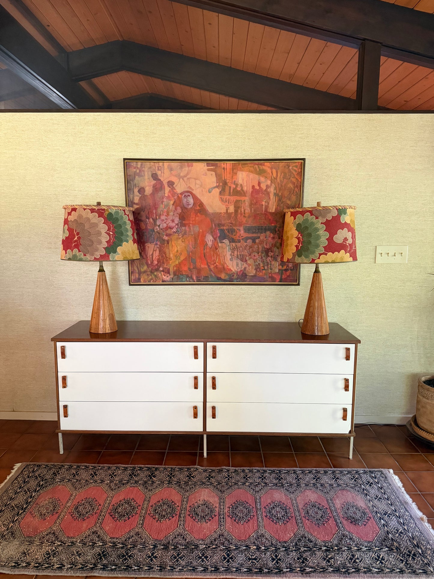 1960’s Pair of Handmade Wood Lamps with Floral Fabric Shades Rope Edge