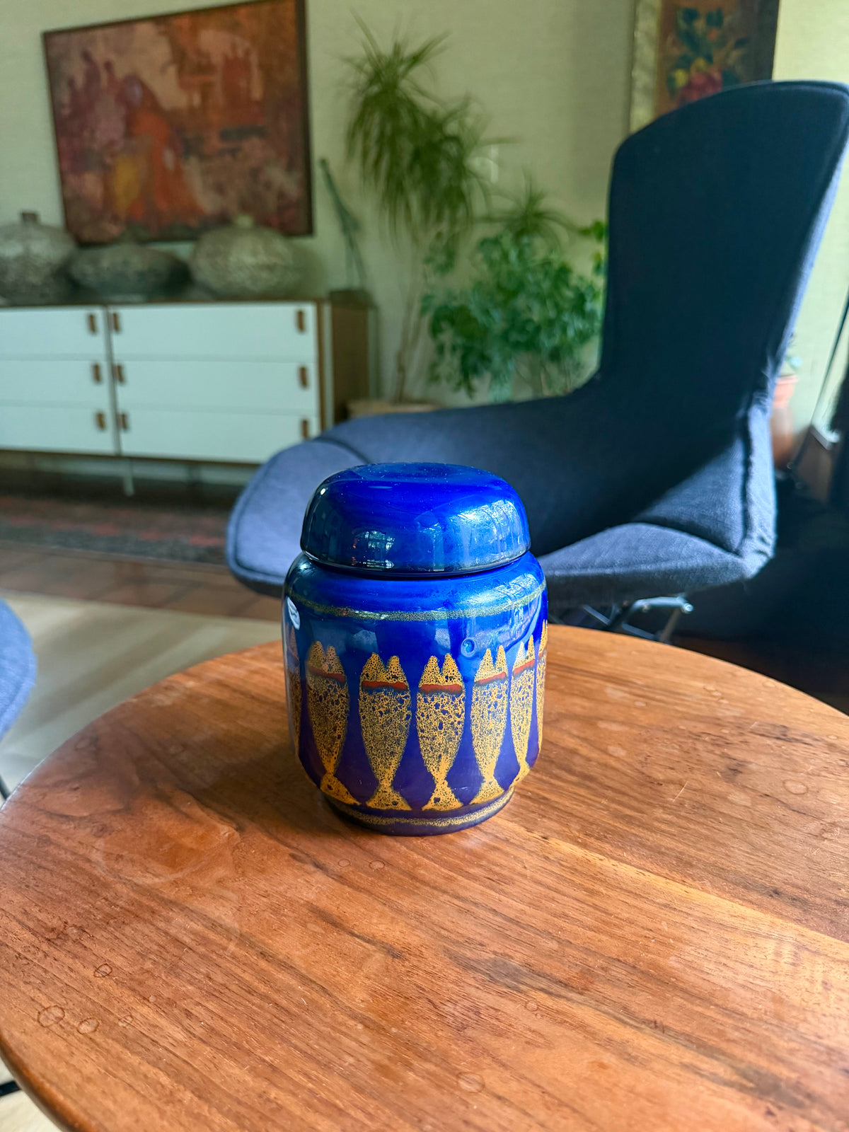 Vintage Ceramic Blue Lidded Jar with Fish Decor by Alvino Bagni for Raymor, Italy, ca. 1970’s