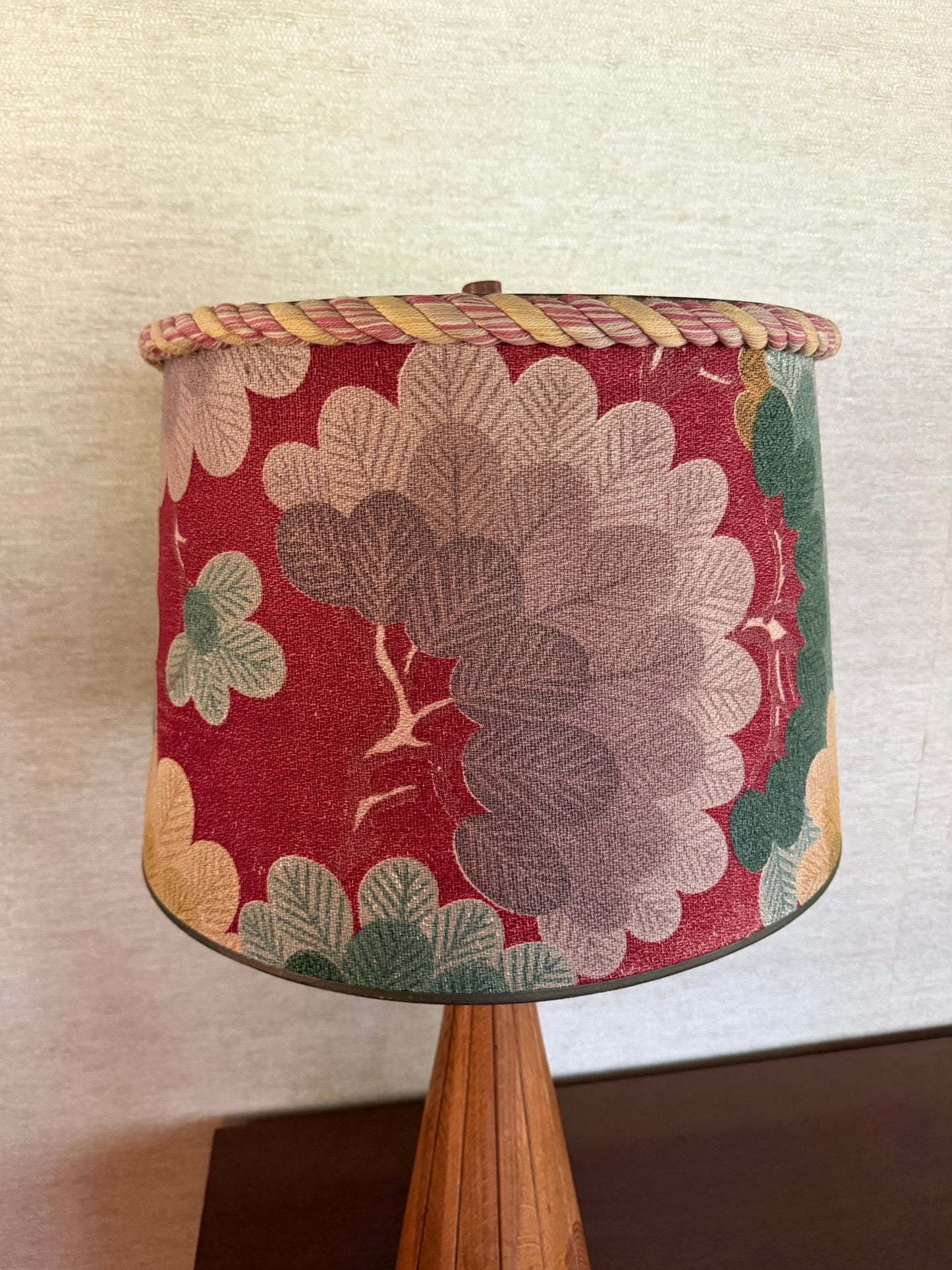 1960’s Pair of Handmade Wood Lamps with Floral Fabric Shades Rope Edge