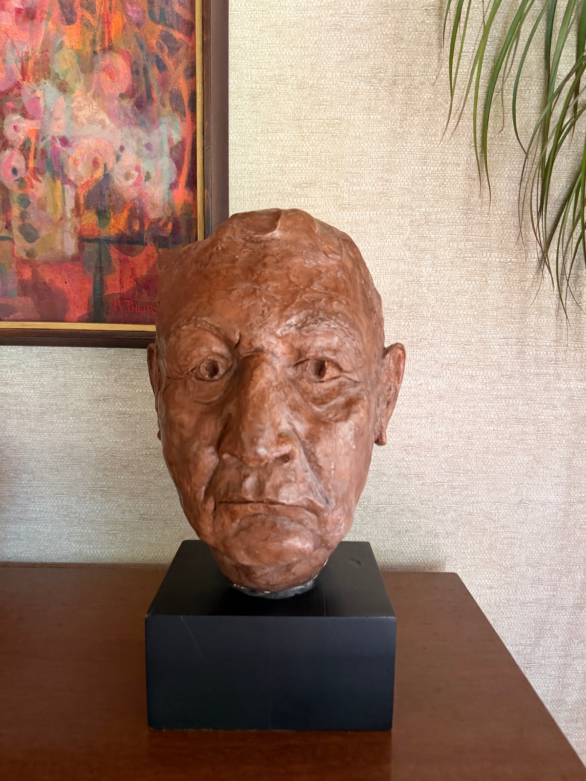 Vintage Handmade Painted Plaster Bust Head on Black Wood Block, signed MSG