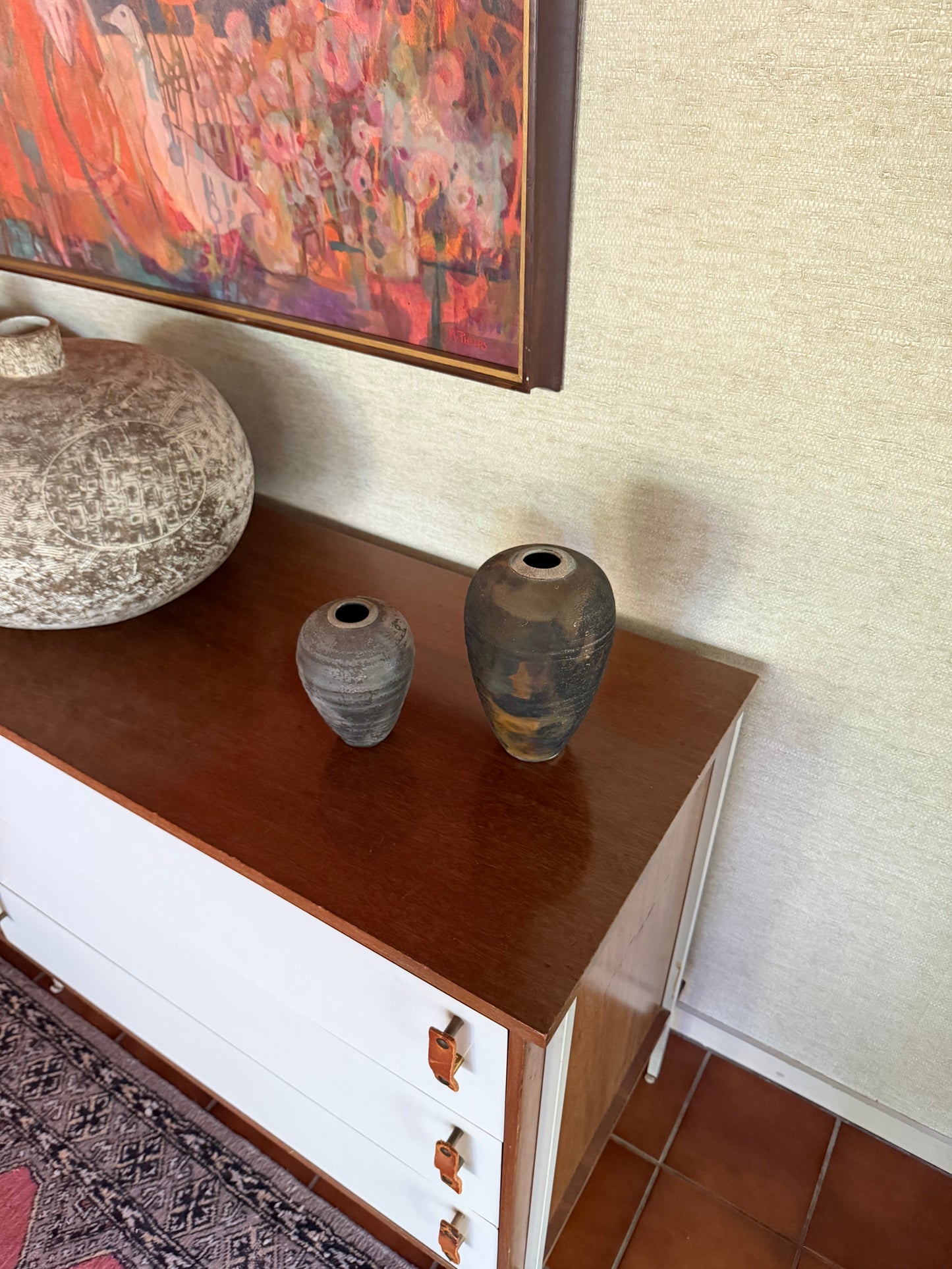 Vintage 1980’s Set of 2 Raku fired Ceramic Pottery Bud Vases, signed Bock