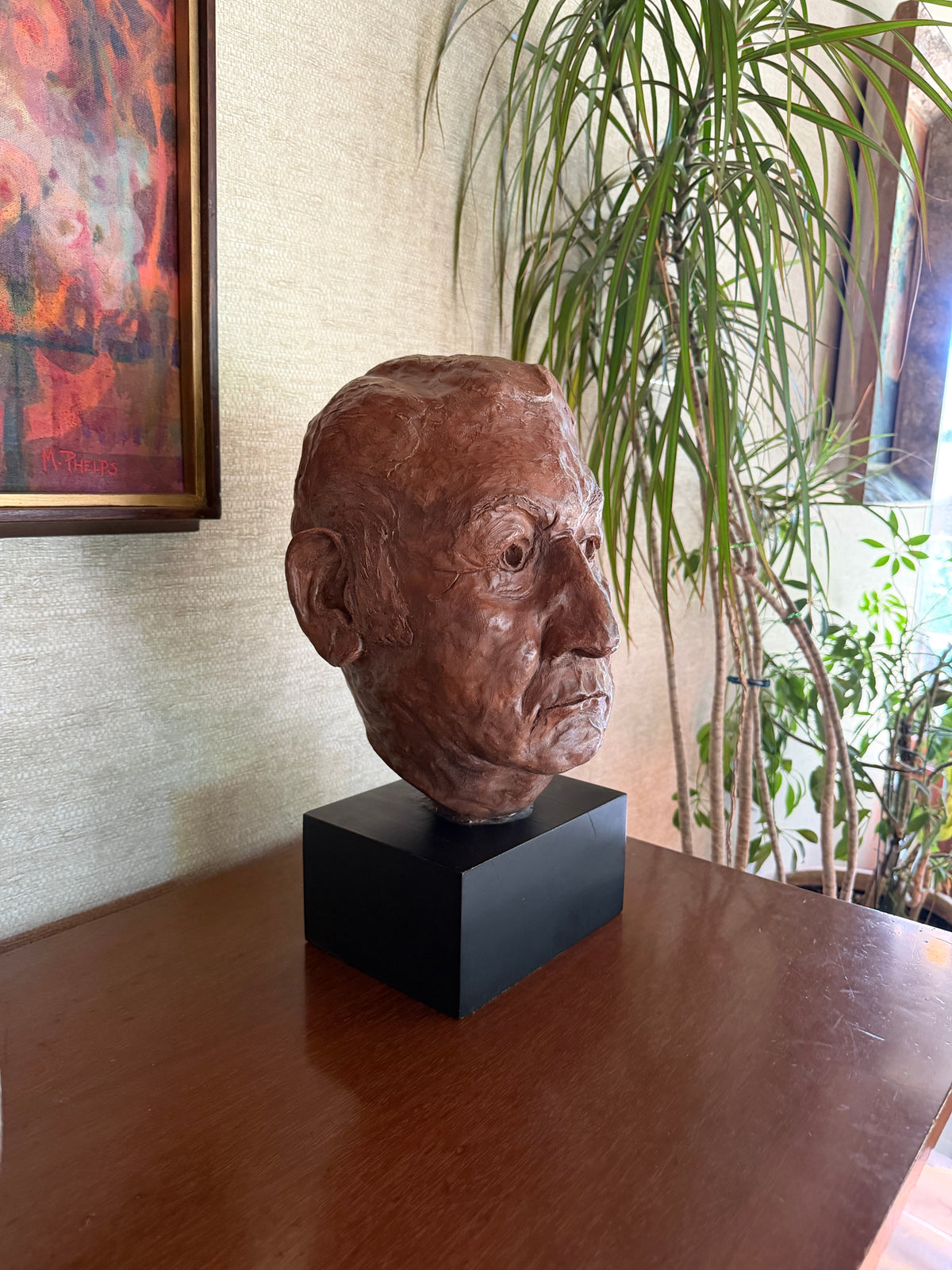 Vintage Handmade Painted Plaster Bust Head on Black Wood Block, signed MSG