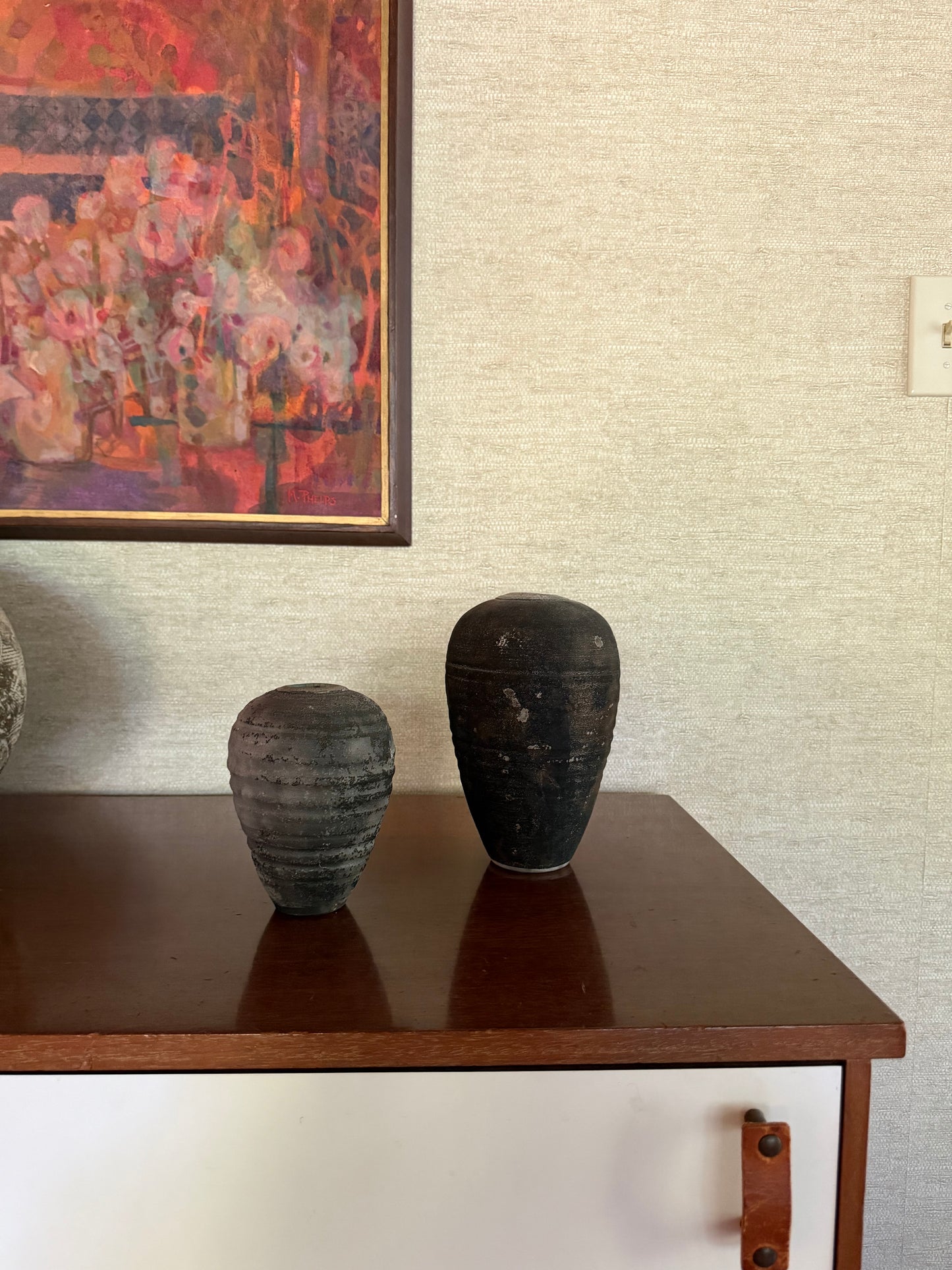Vintage 1980’s Set of 2 Raku fired Ceramic Pottery Bud Vases, signed Bock