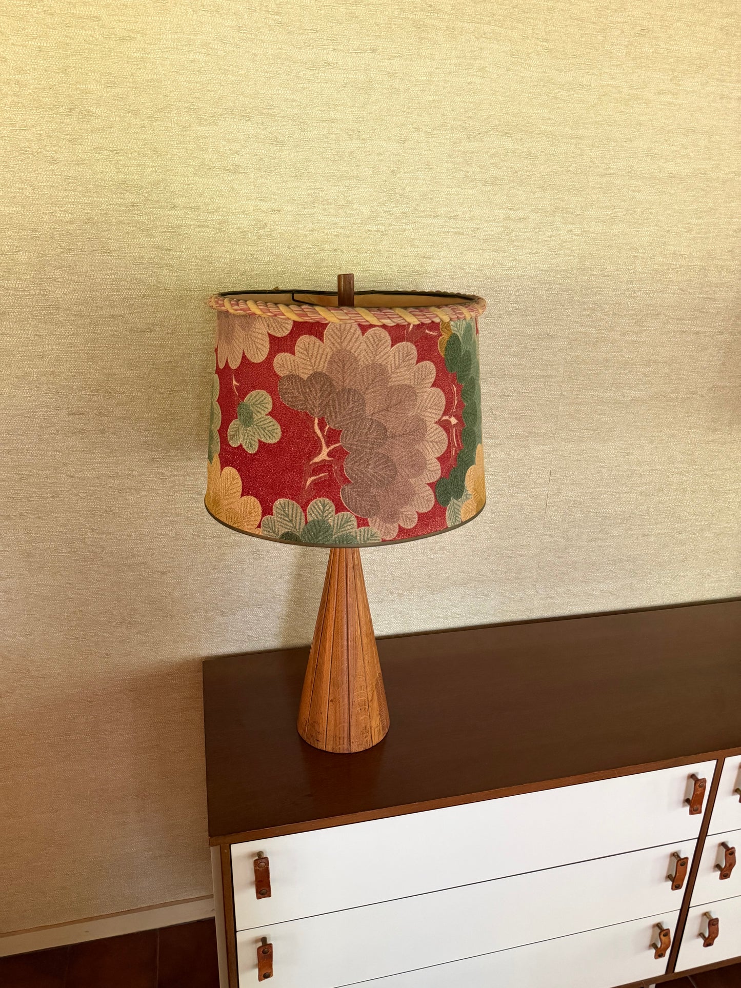 1960’s Pair of Handmade Wood Lamps with Floral Fabric Shades Rope Edge
