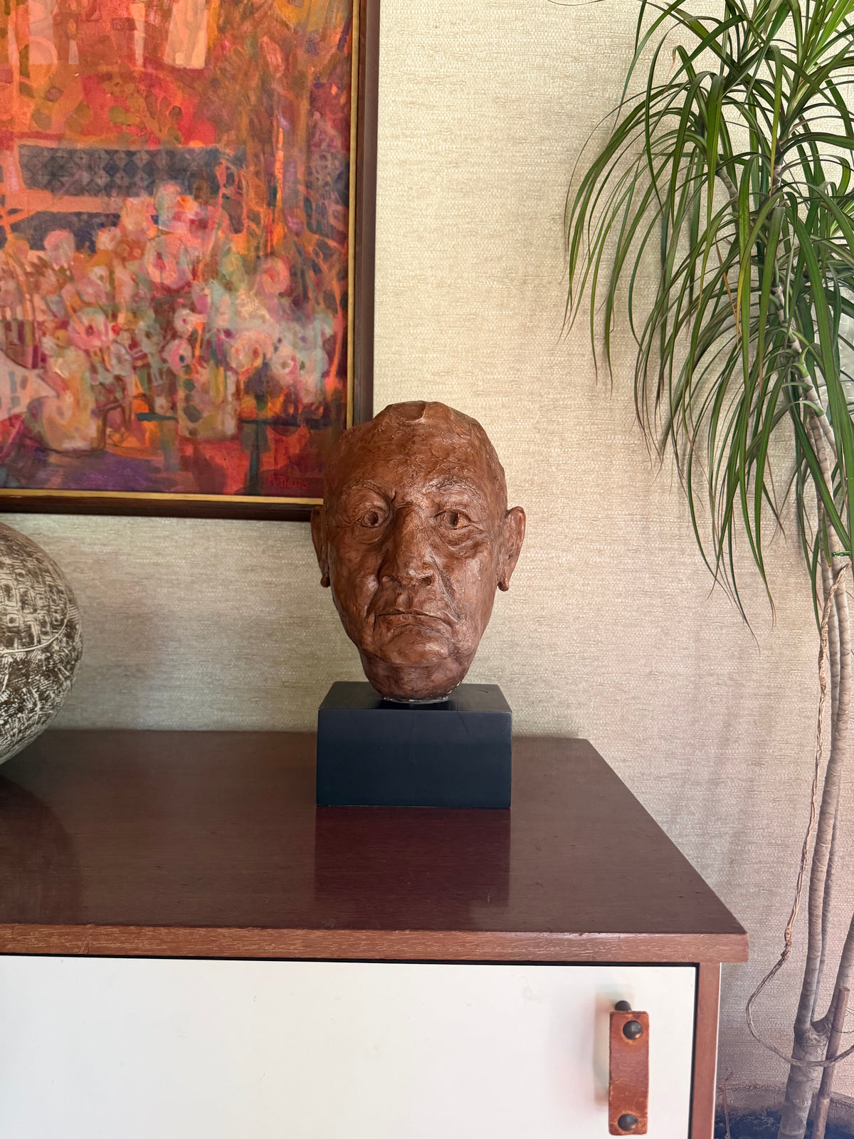 Vintage Handmade Painted Plaster Bust Head on Black Wood Block, signed MSG
