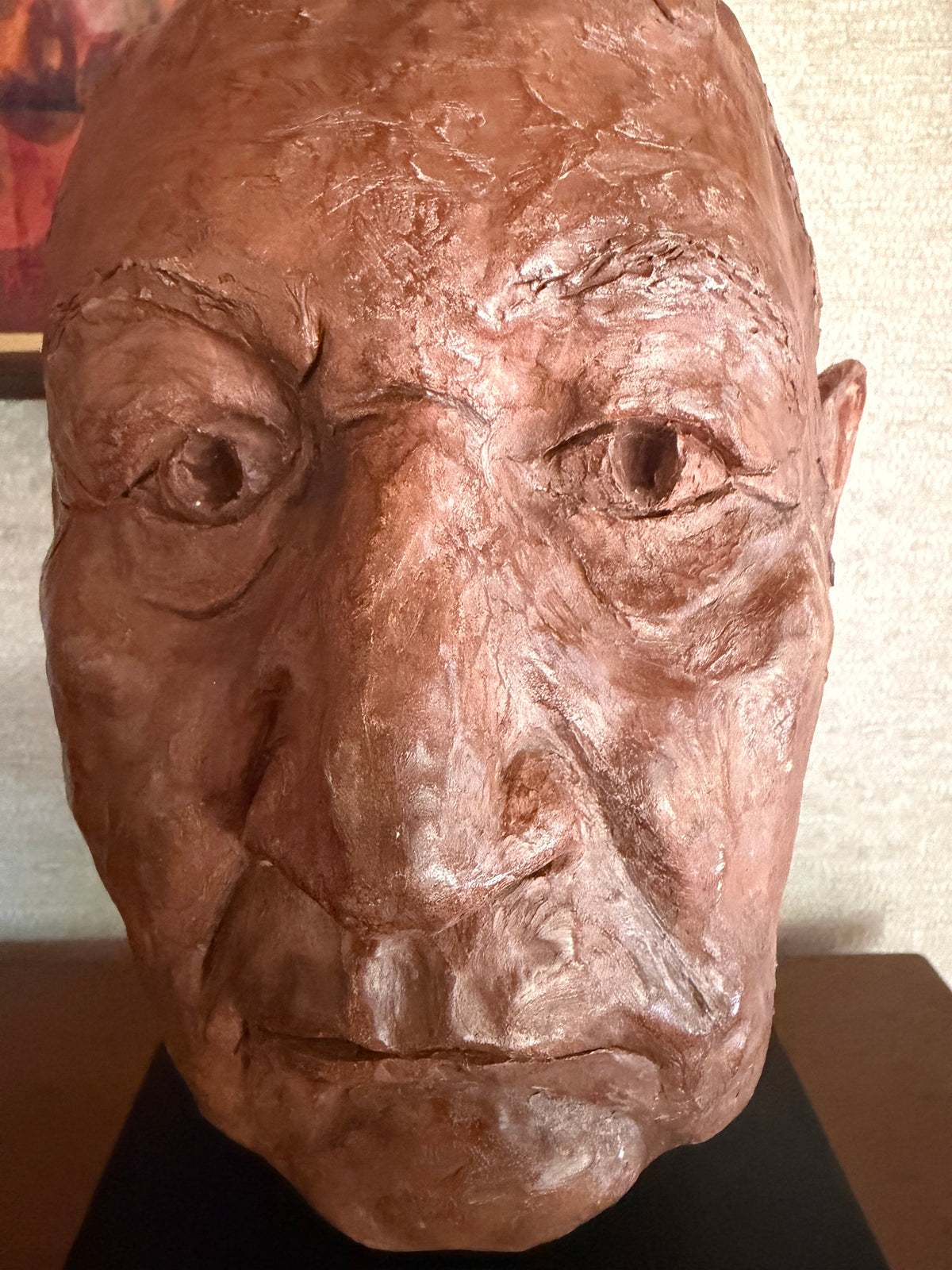 Vintage Handmade Painted Plaster Bust Head on Black Wood Block, signed MSG