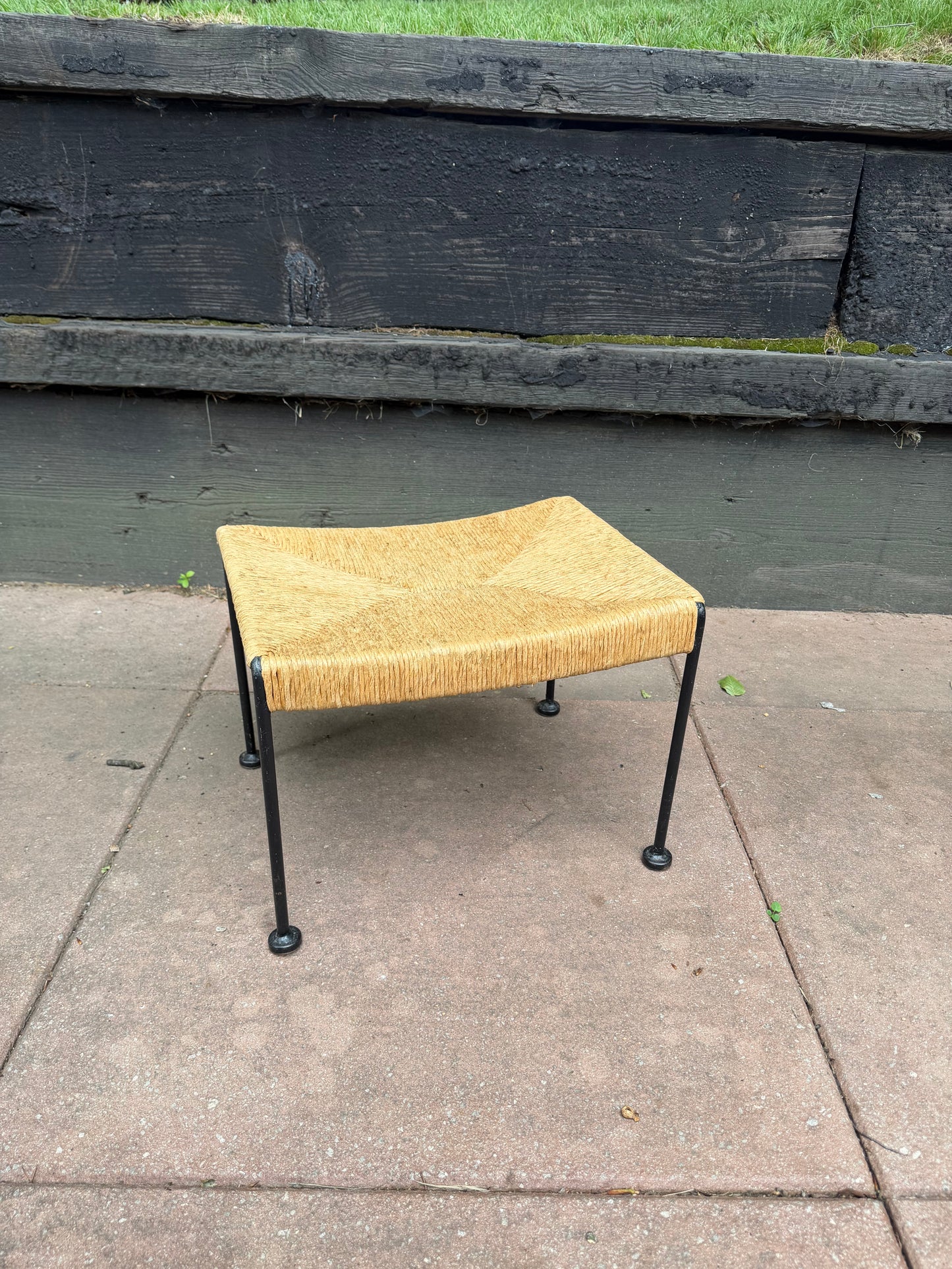 1950’s Arthur Umanoff Midcentury Modern Iron + Rush Cane ottoman Stool