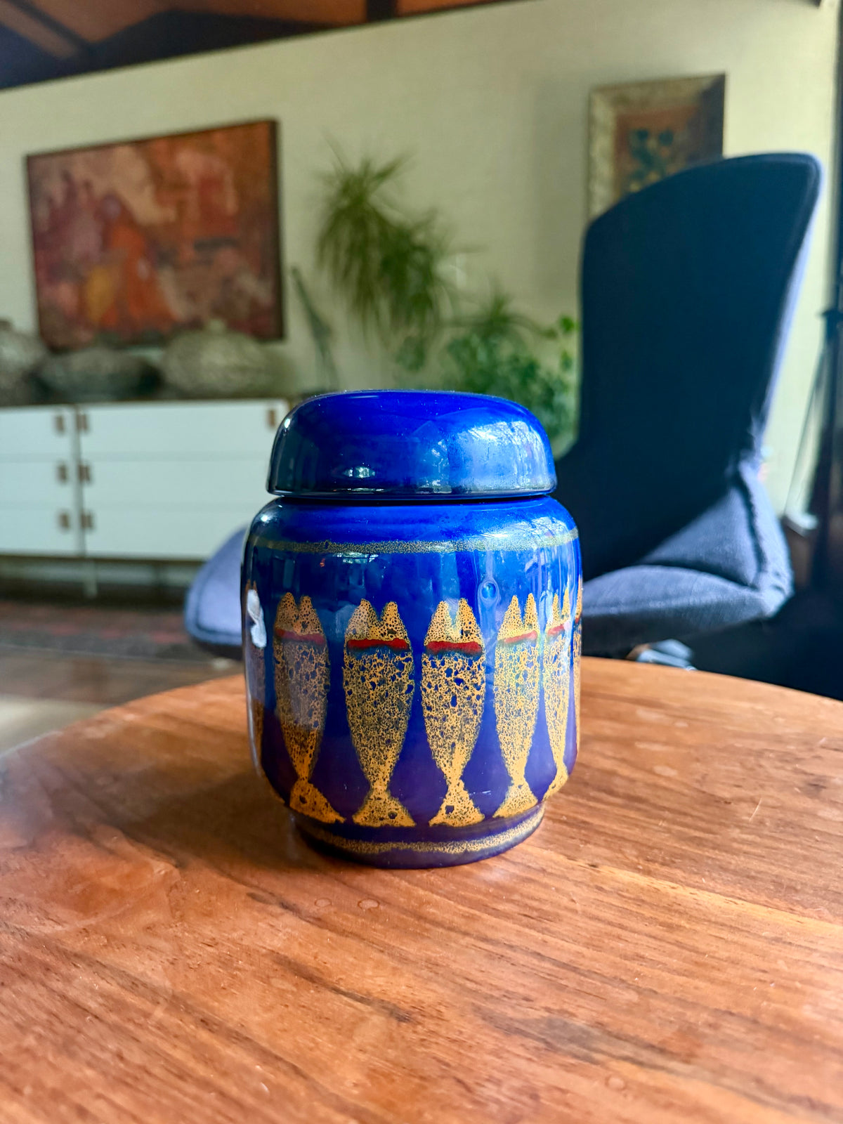 Vintage Ceramic Blue Lidded Jar with Fish Decor by Alvino Bagni for Raymor, Italy, ca. 1970’s