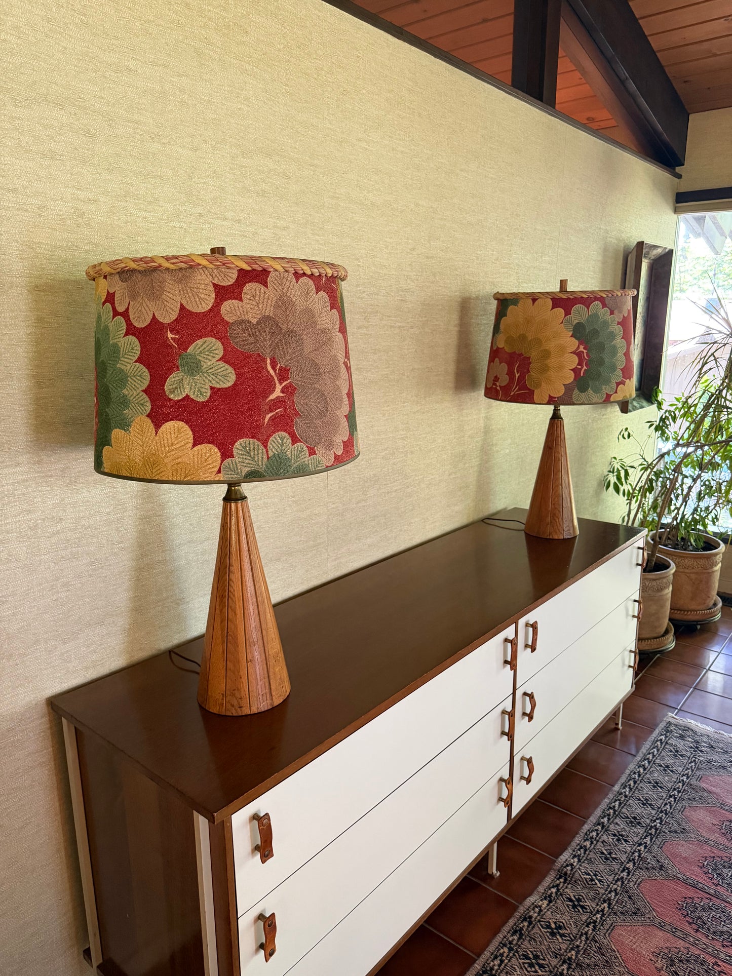 1960’s Pair of Handmade Wood Lamps with Floral Fabric Shades Rope Edge