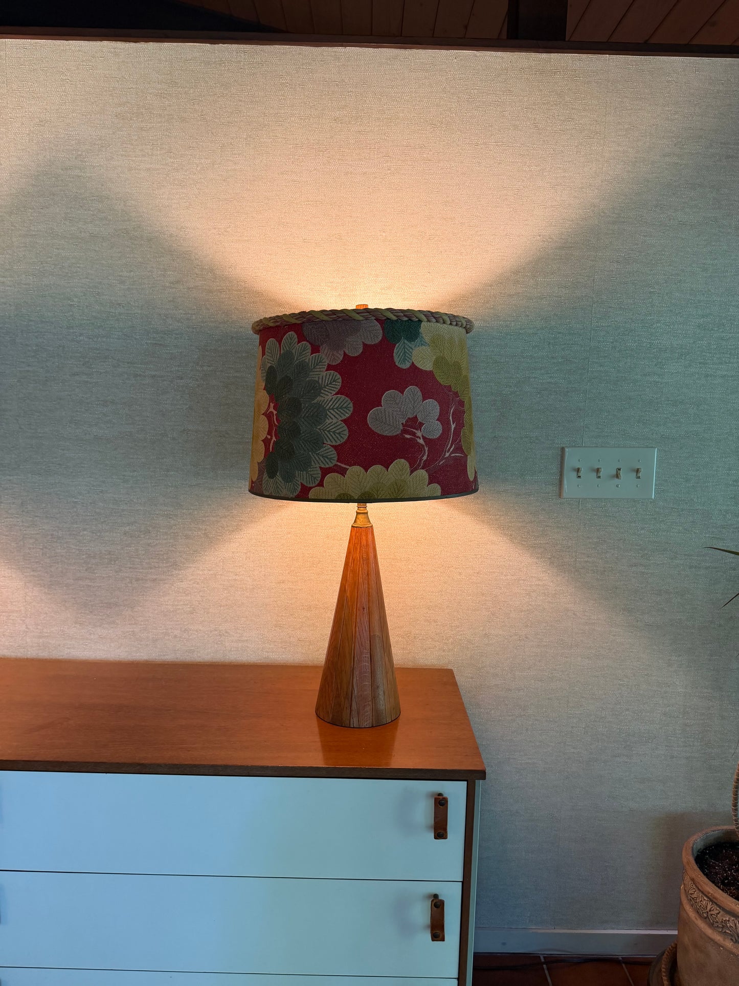 1960’s Pair of Handmade Wood Lamps with Floral Fabric Shades Rope Edge
