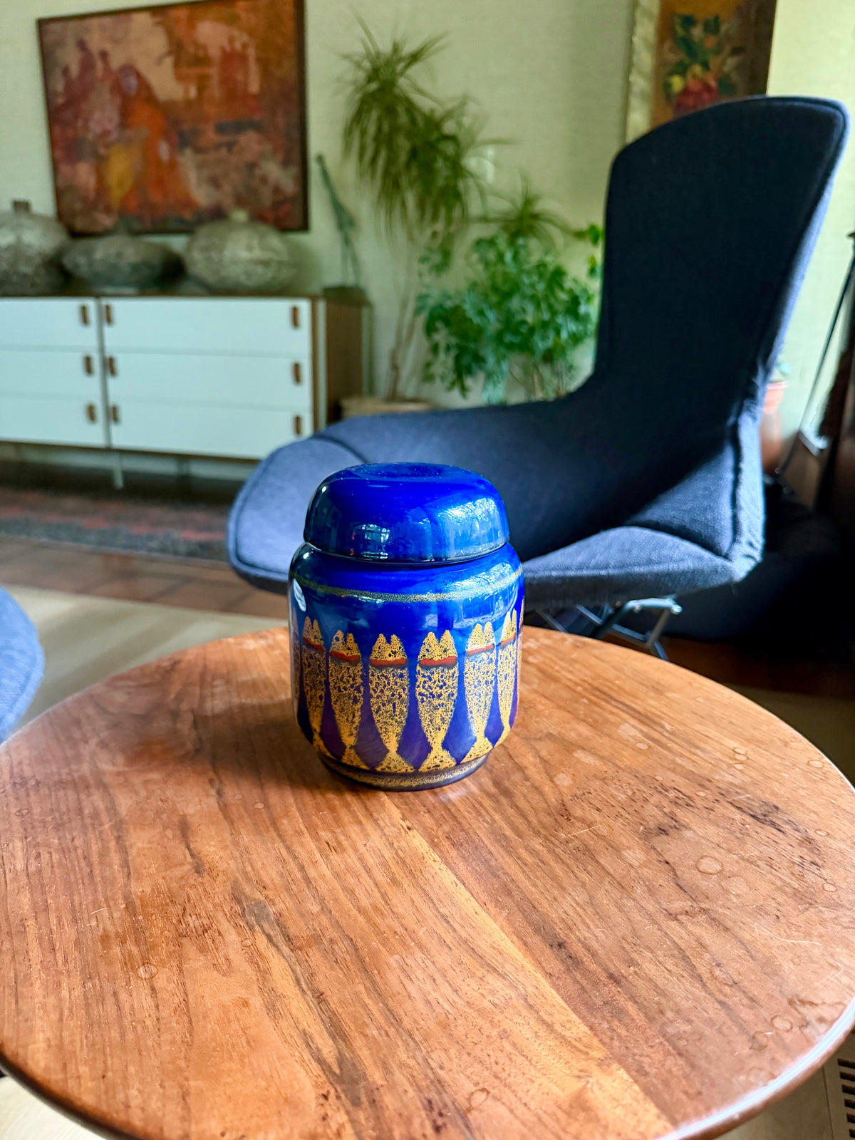 Vintage Ceramic Blue Lidded Jar with Fish Decor by Alvino Bagni for Raymor, Italy, ca. 1970’s