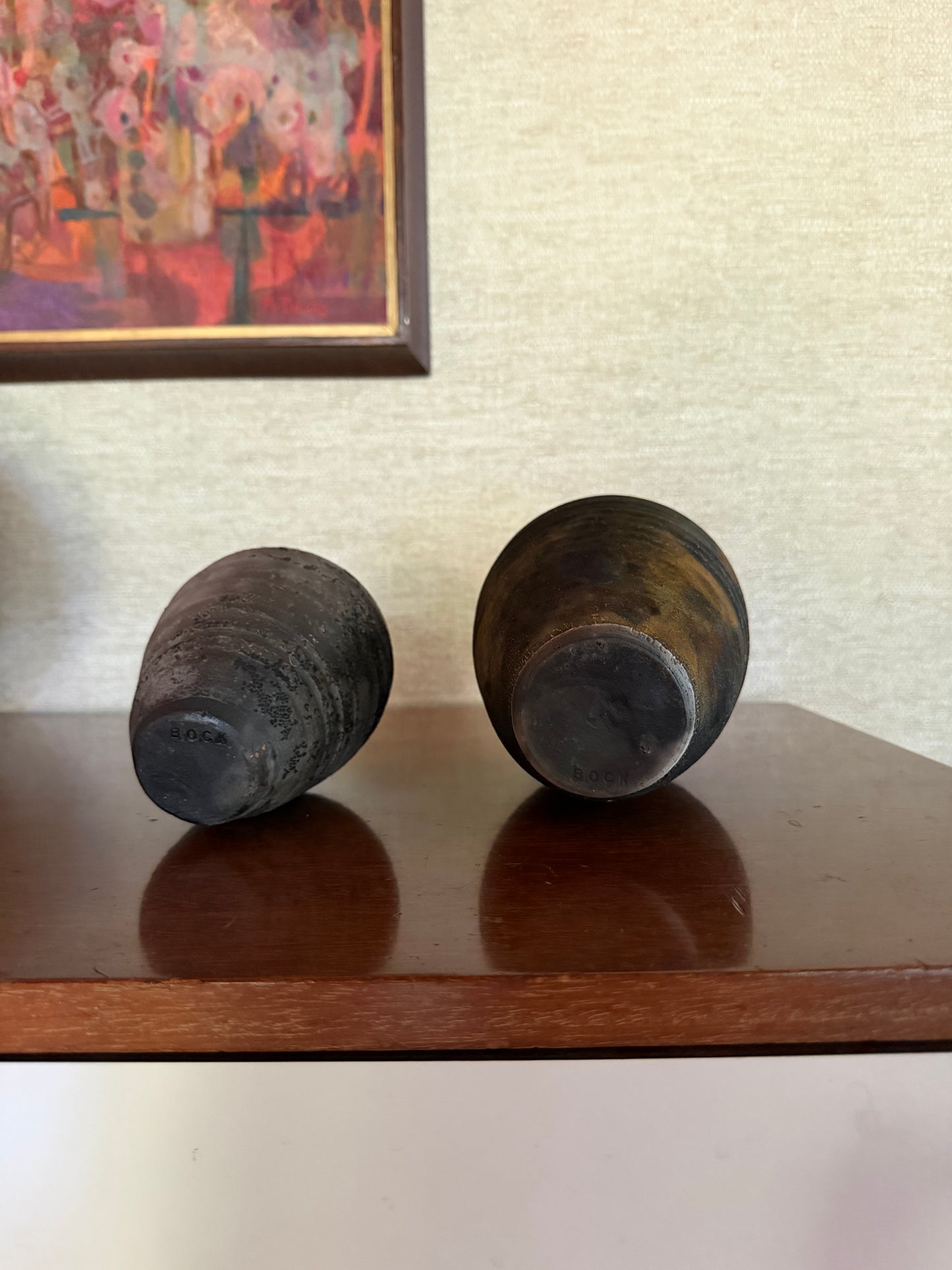 Vintage 1980’s Set of 2 Raku fired Ceramic Pottery Bud Vases, signed Bock