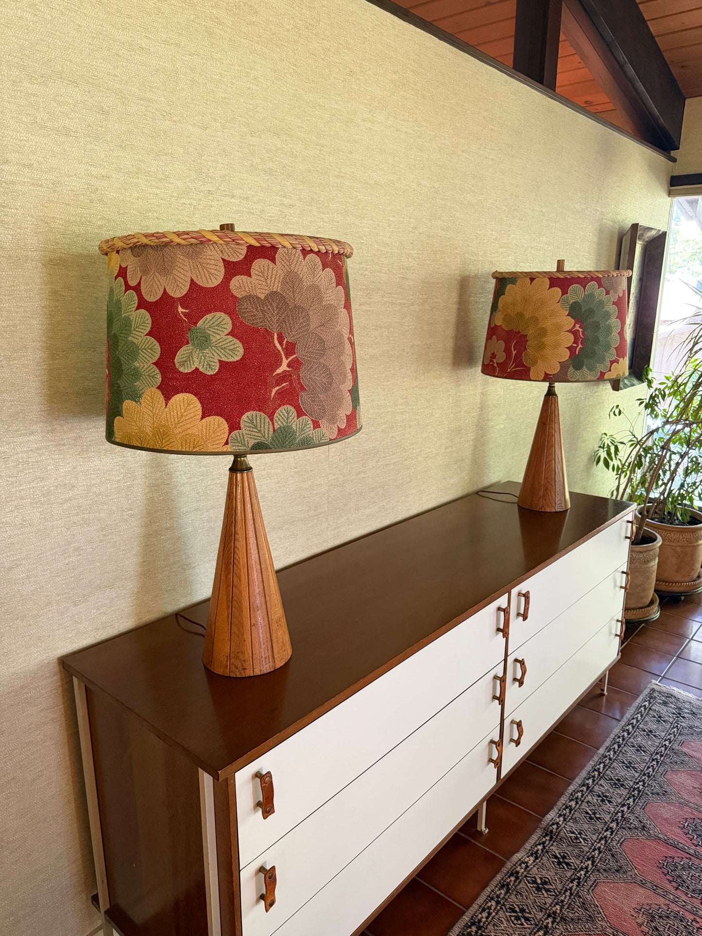 1960’s Pair of Handmade Wood Lamps with Floral Fabric Shades Rope Edge
