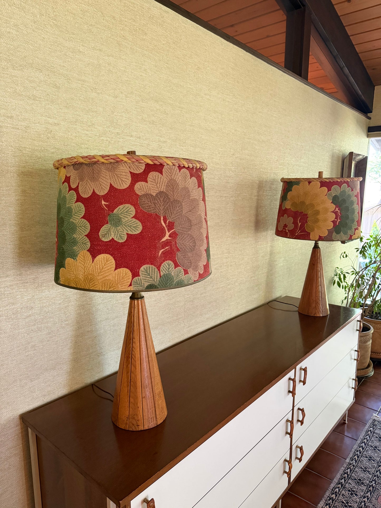 1960’s Pair of Handmade Wood Lamps with Floral Fabric Shades Rope Edge
