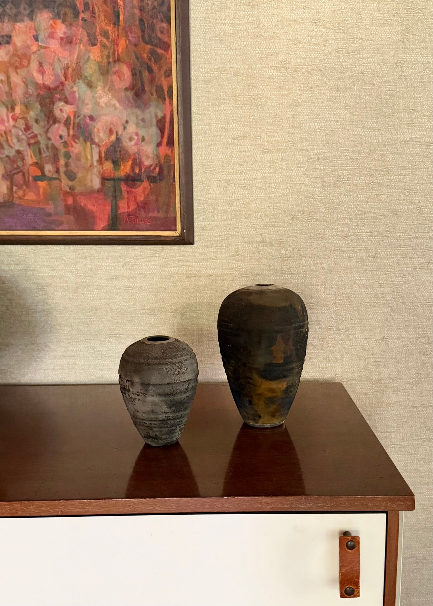 Vintage 1980’s Set of 2 Raku fired Ceramic Pottery Bud Vases, signed Bock