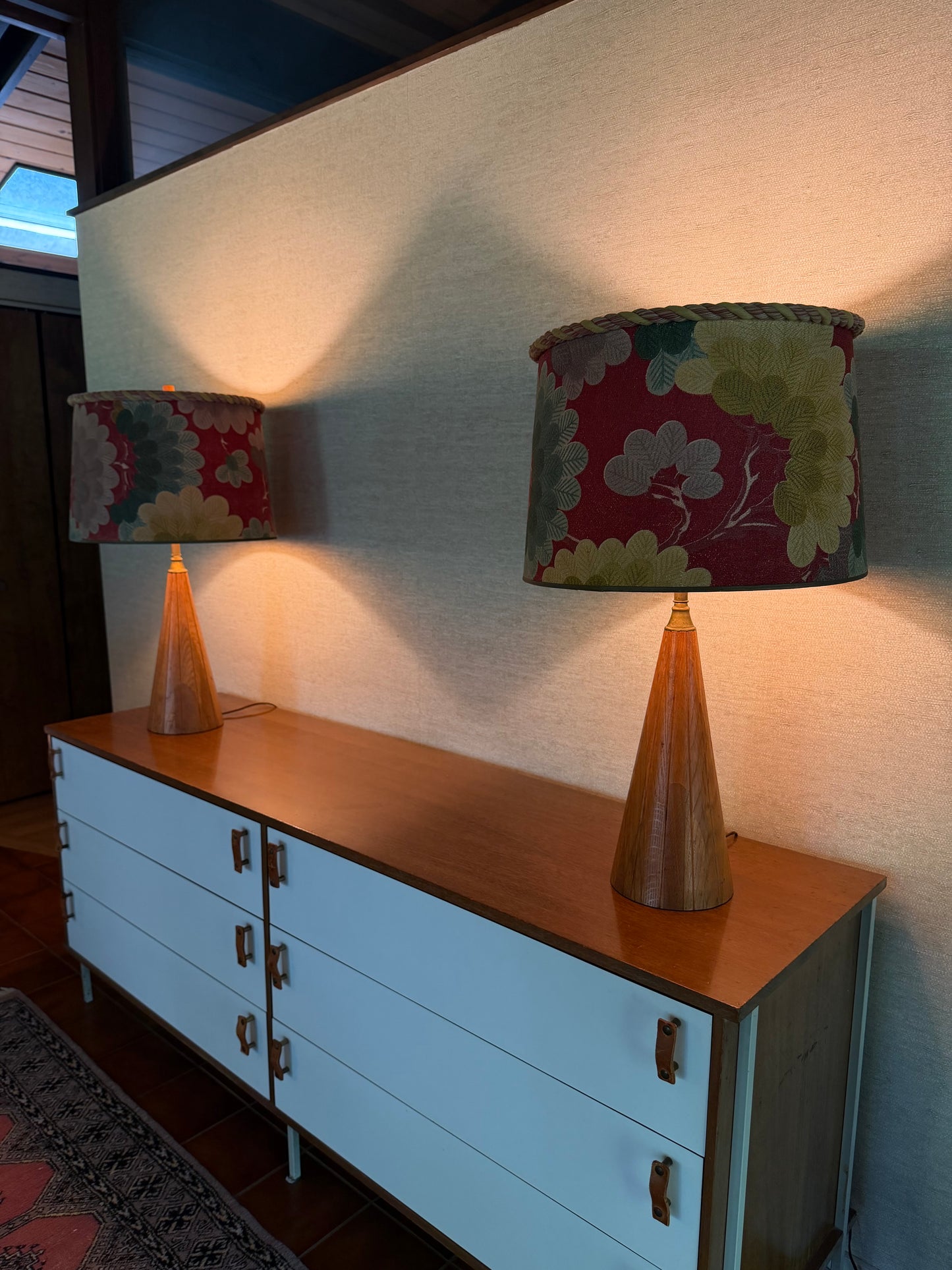 1960’s Pair of Handmade Wood Lamps with Floral Fabric Shades Rope Edge