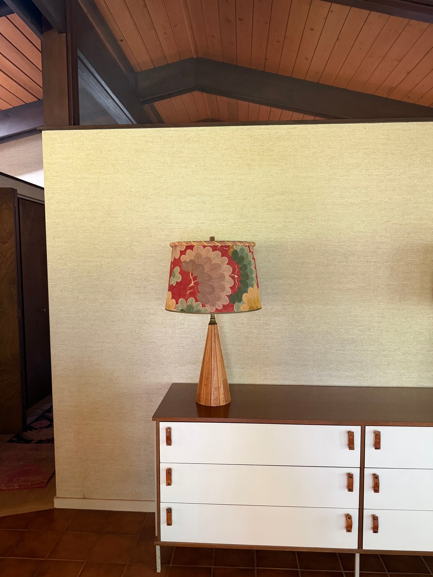 1960’s Pair of Handmade Wood Lamps with Floral Fabric Shades Rope Edge