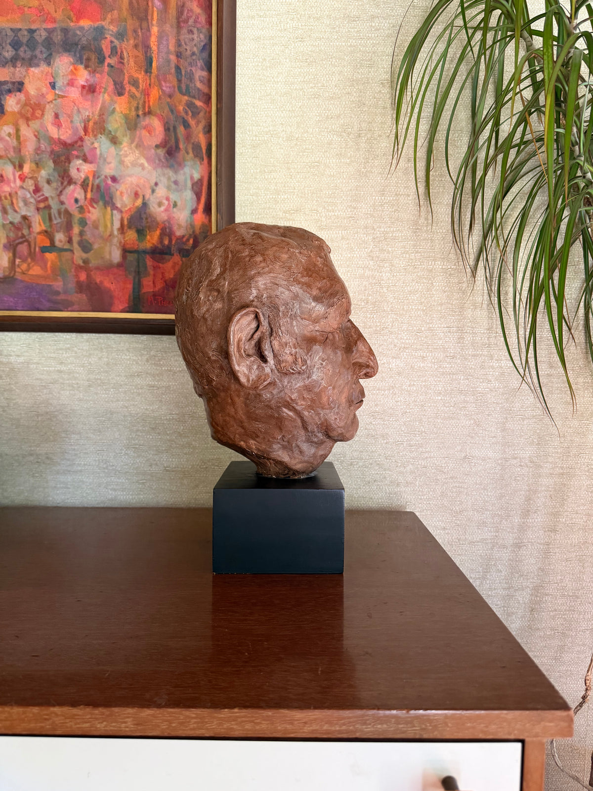 Vintage Handmade Painted Plaster Bust Head on Black Wood Block, signed MSG