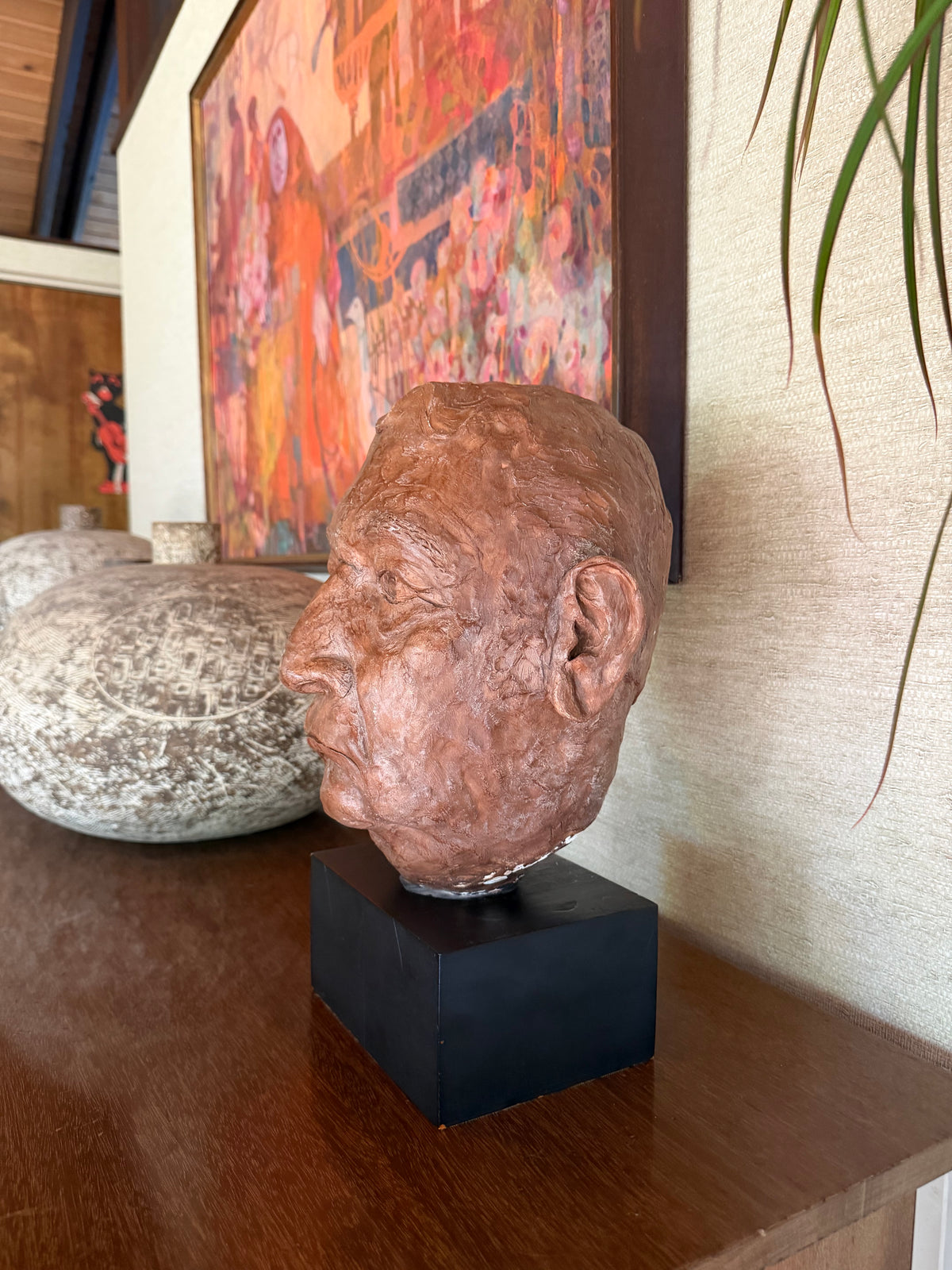 Vintage Handmade Painted Plaster Bust Head on Black Wood Block, signed MSG