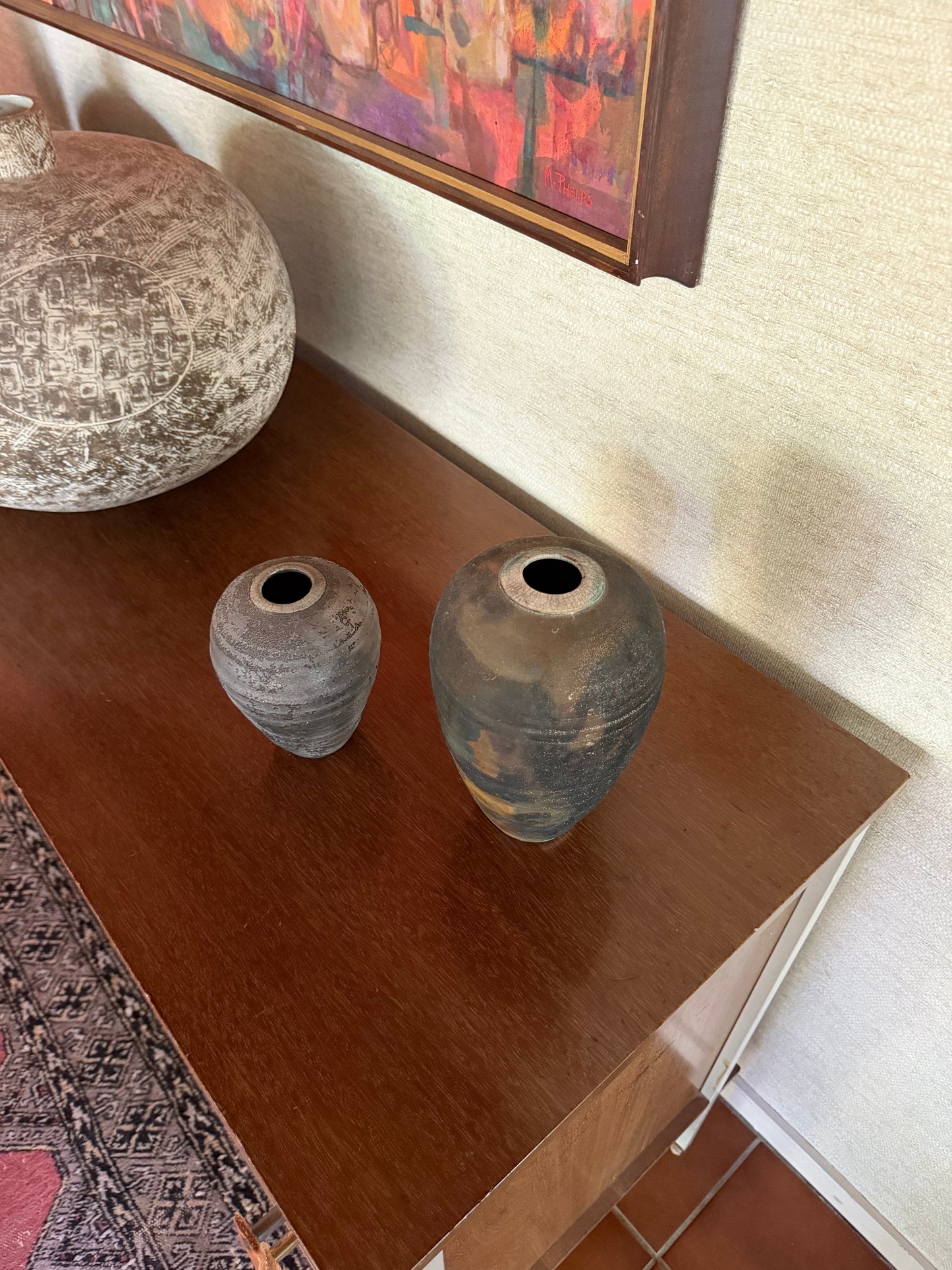 Vintage 1980’s Set of 2 Raku fired Ceramic Pottery Bud Vases, signed Bock
