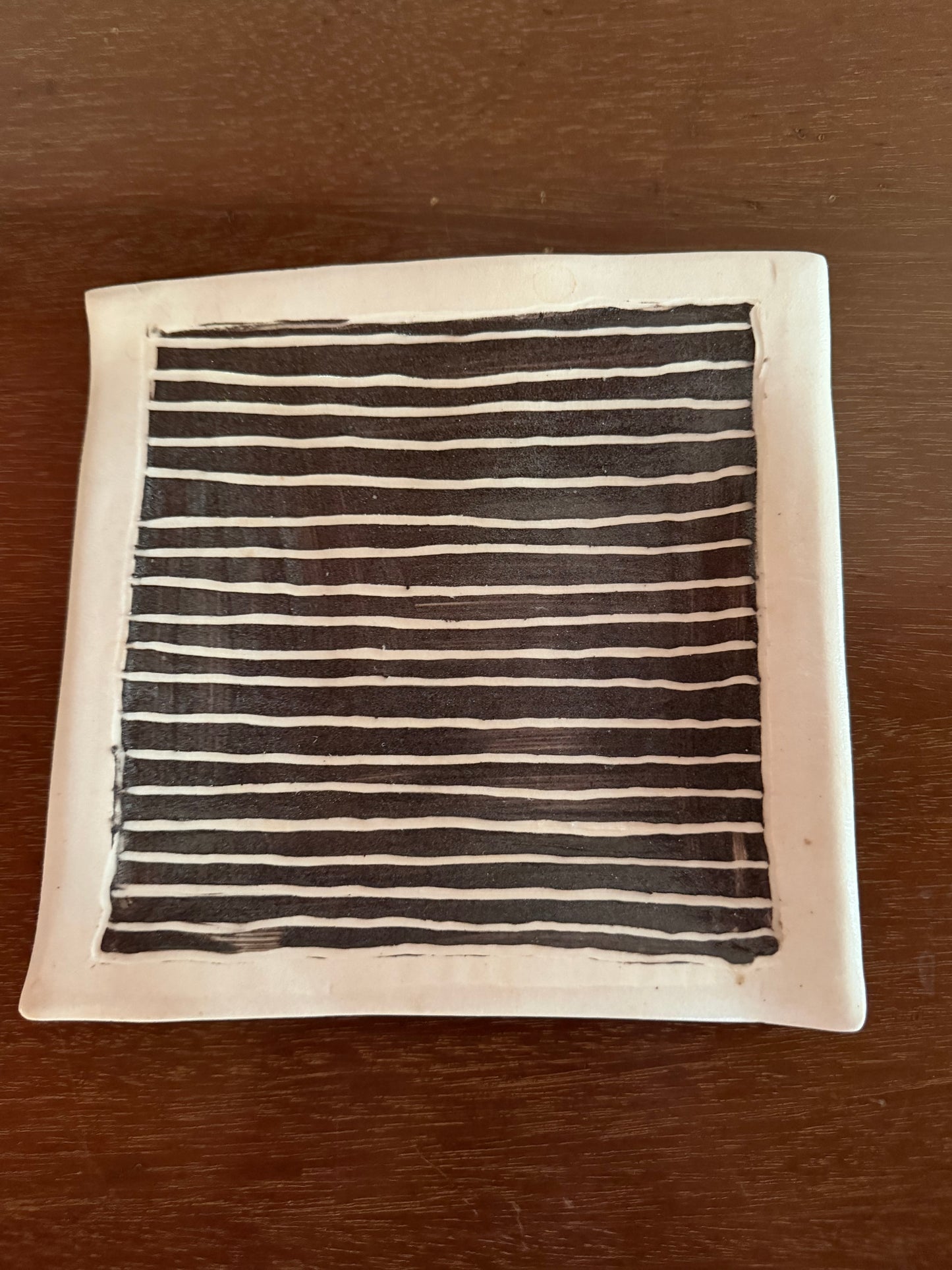 Vintage 1980’s Wavy Abstract White and Black lines Striped Ceramic Tray, signed Lyn