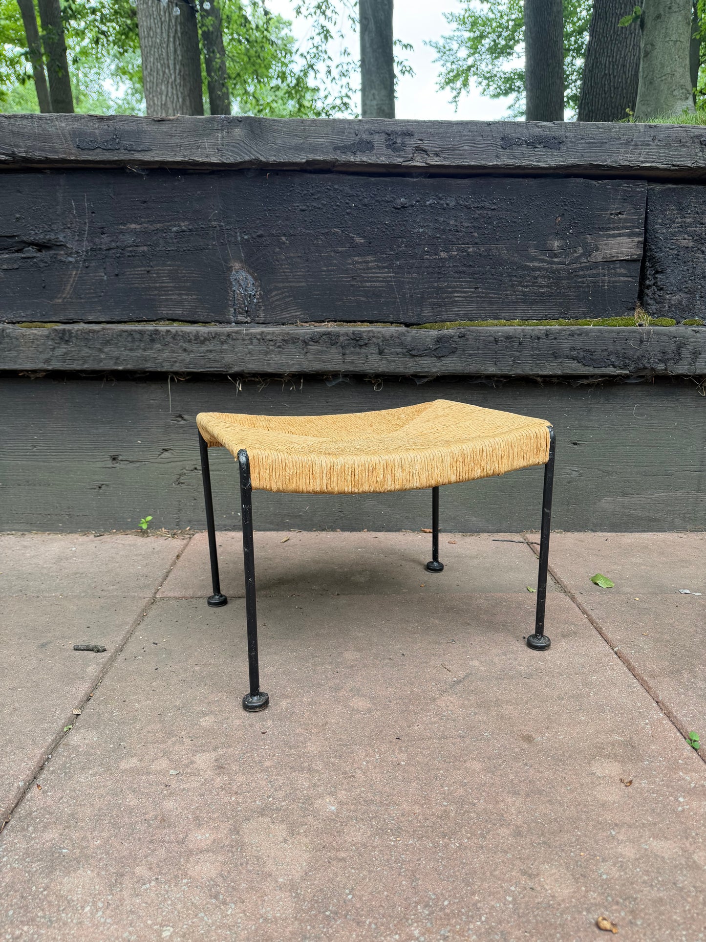 1950’s Arthur Umanoff Midcentury Modern Iron + Rush Cane ottoman Stool