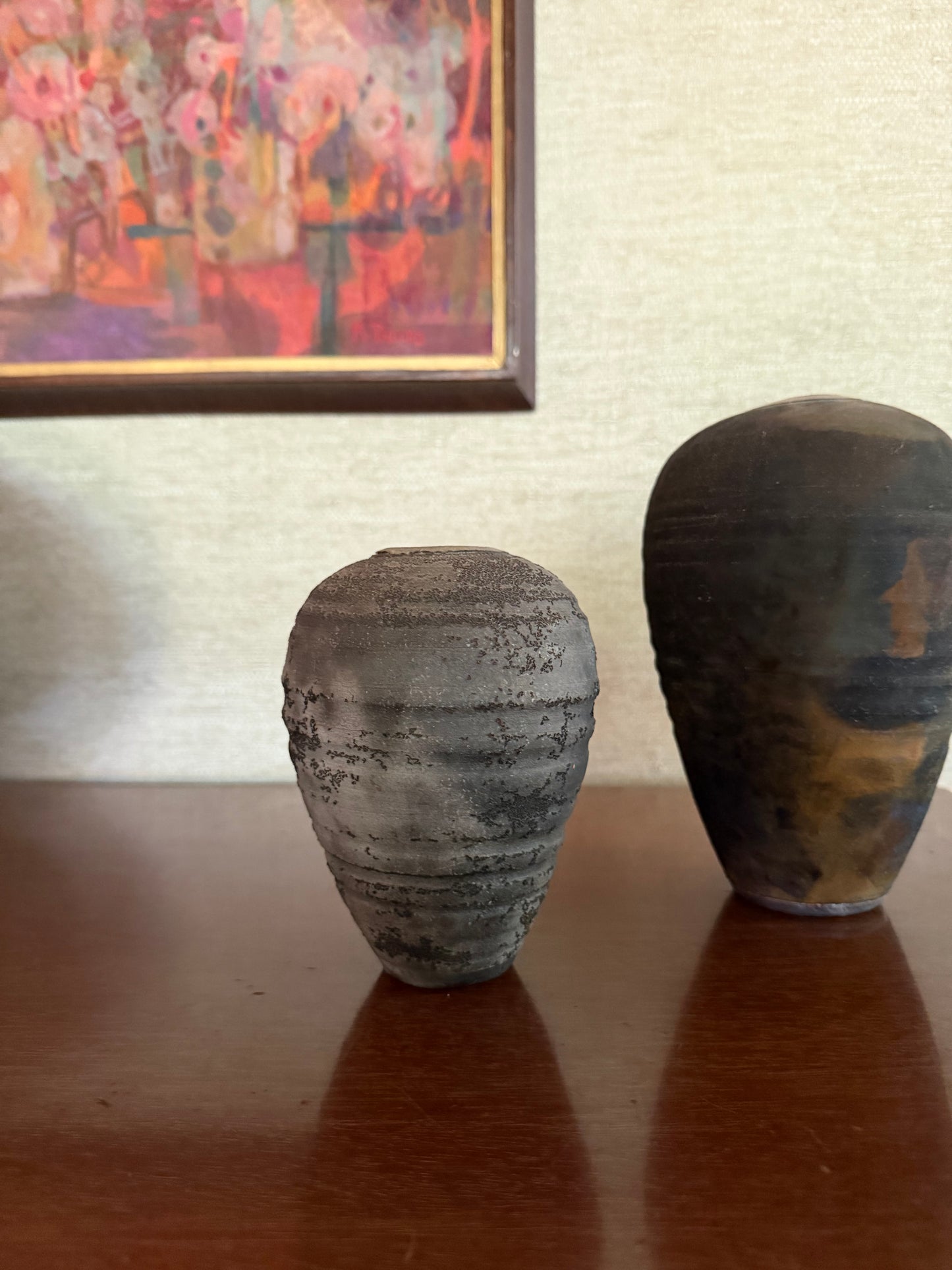 Vintage 1980’s Set of 2 Raku fired Ceramic Pottery Bud Vases, signed Bock