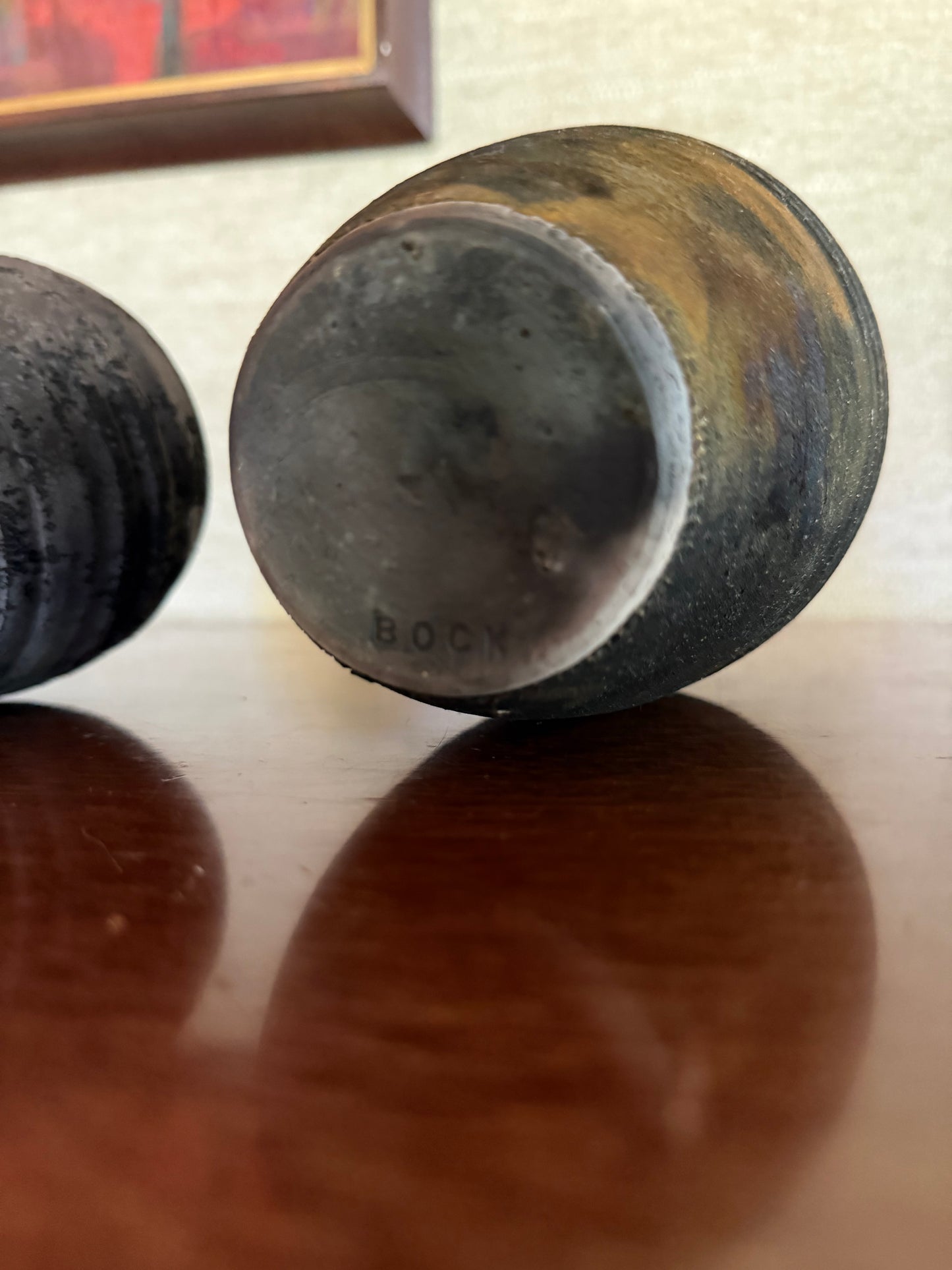 Vintage 1980’s Set of 2 Raku fired Ceramic Pottery Bud Vases, signed Bock