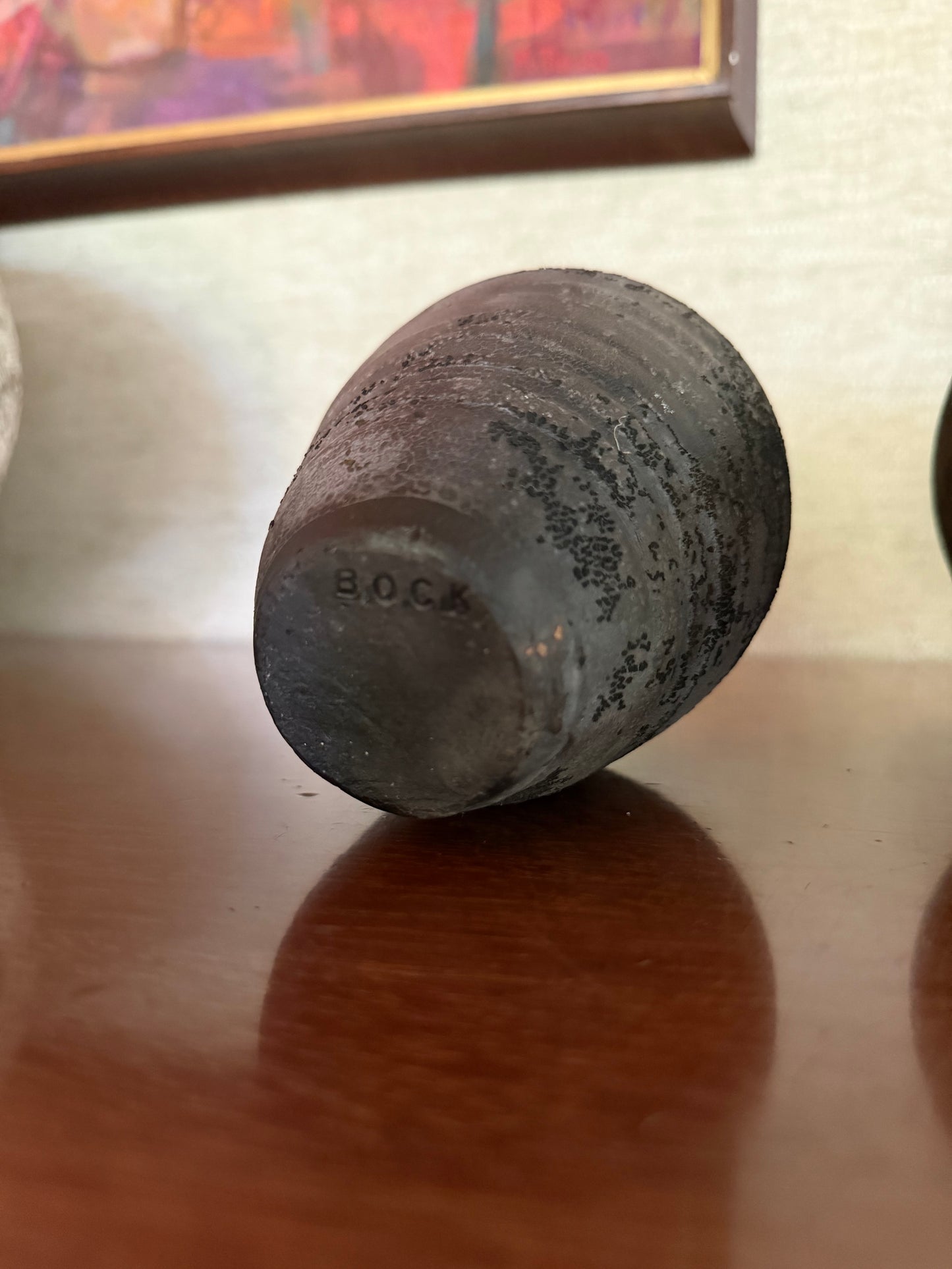 Vintage 1980’s Set of 2 Raku fired Ceramic Pottery Bud Vases, signed Bock
