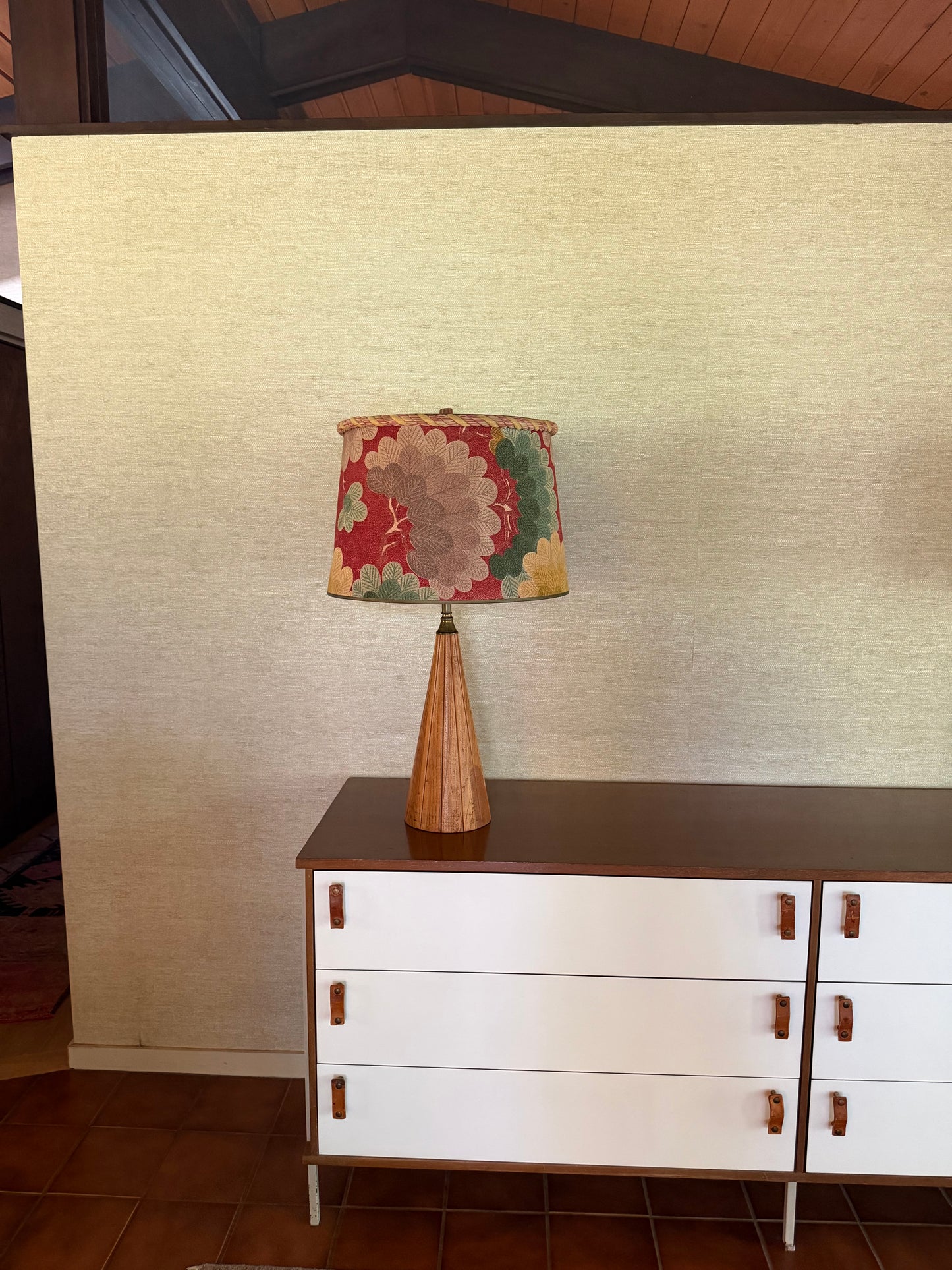 1960’s Pair of Handmade Wood Lamps with Floral Fabric Shades Rope Edge